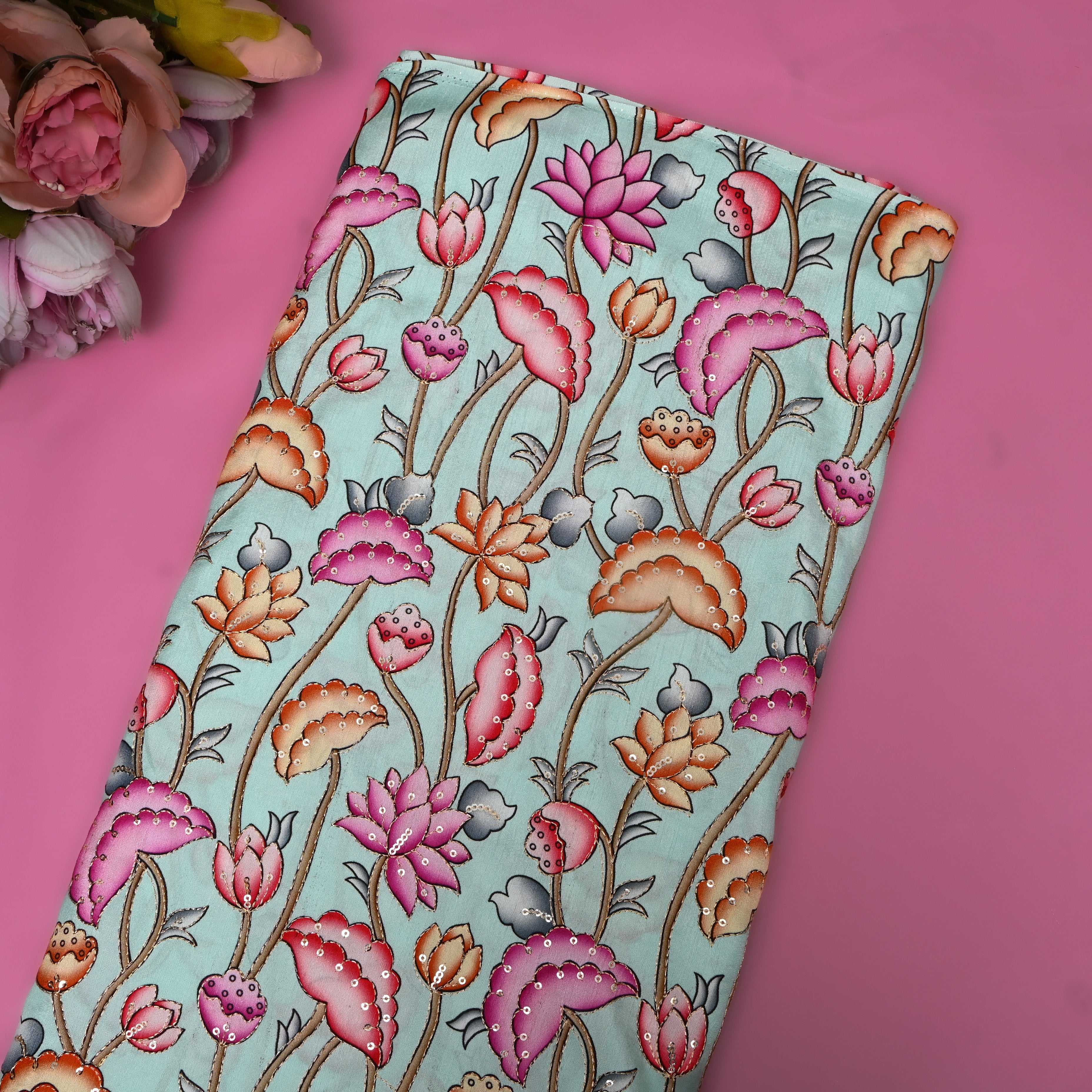 Sea Green Lotus Sequin Embroidery Chinon Silk Fabric