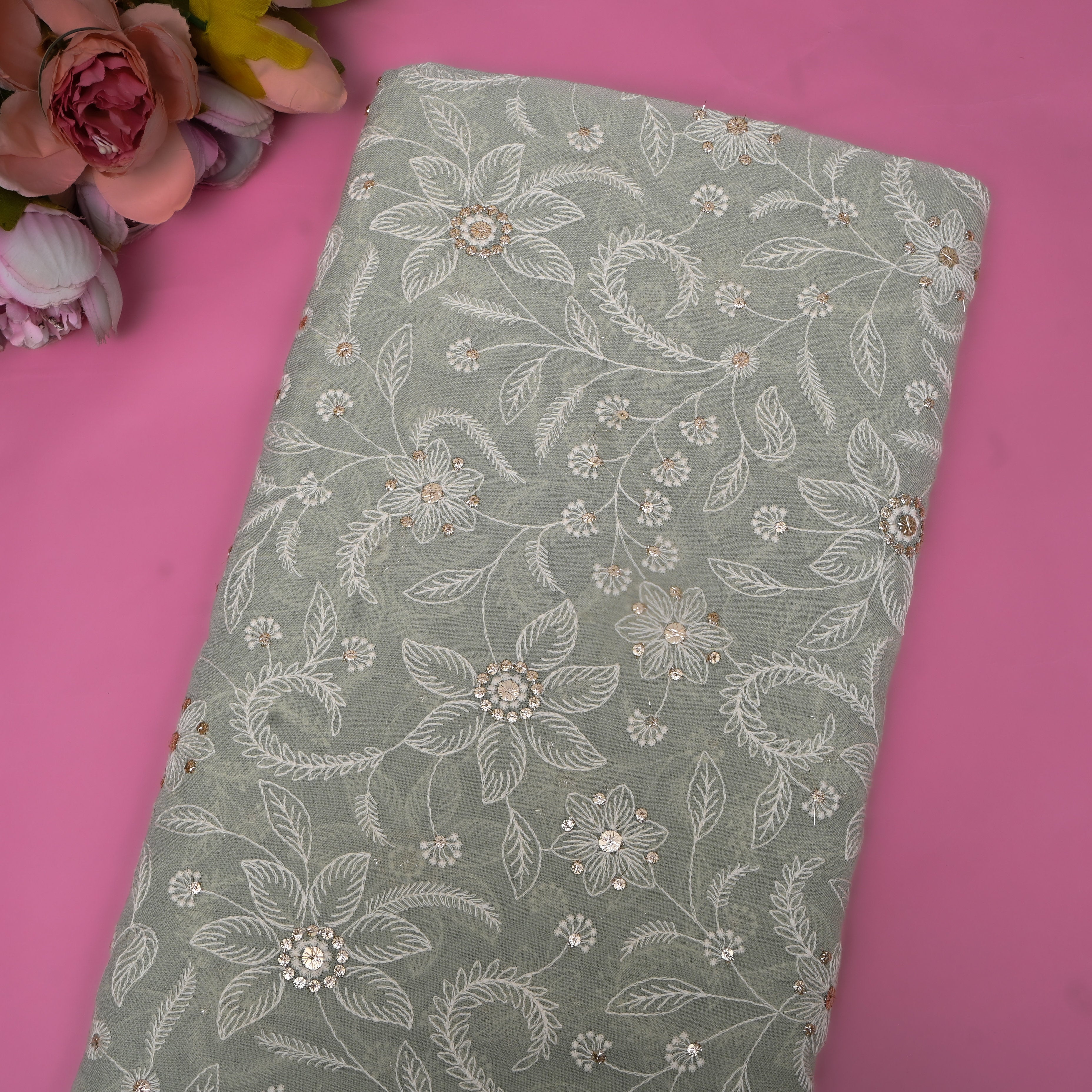 Sage Grey Floral Sequin Organza Embroidery