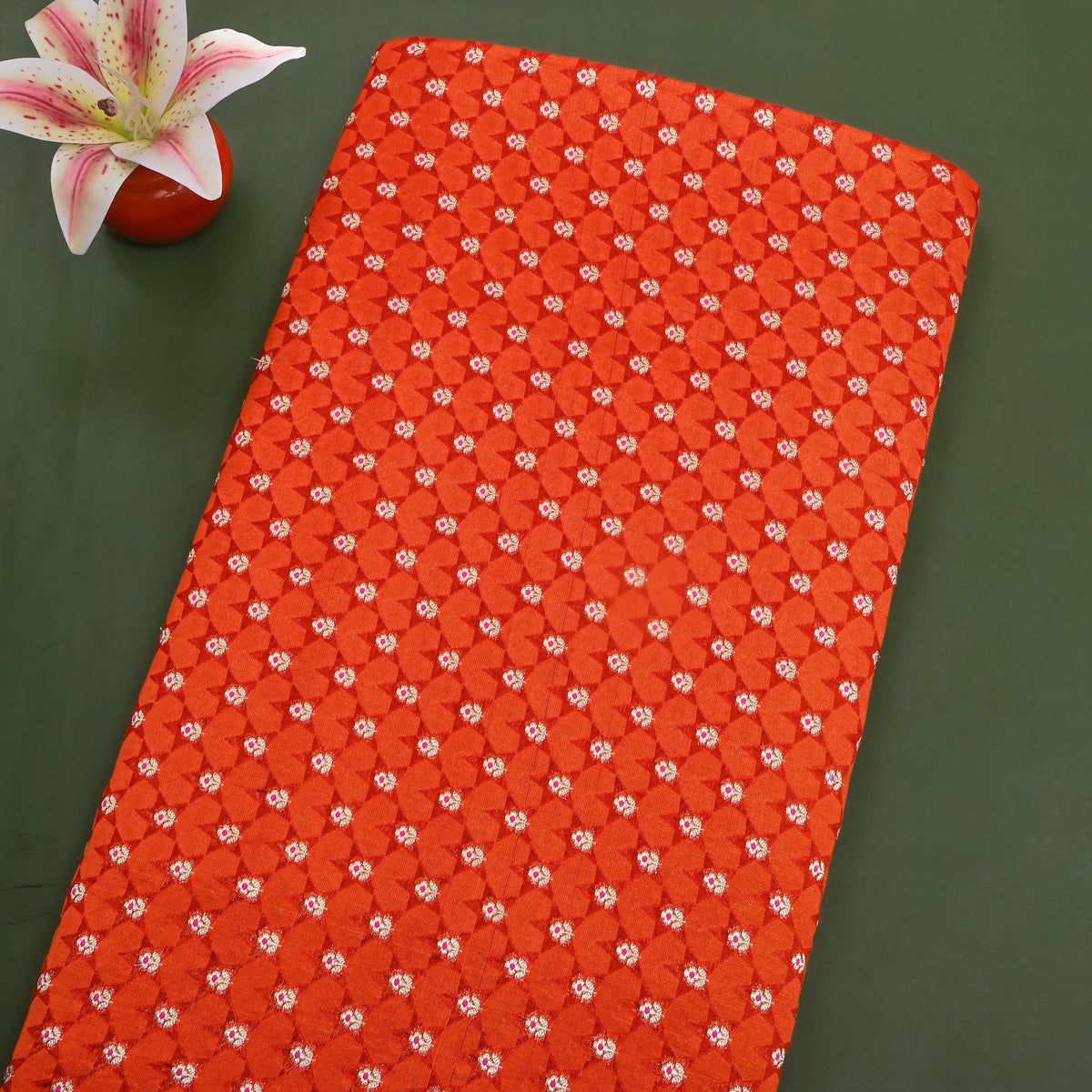 Tangerine Orange Silver Zari Butti Self Weave Jamawar Silk Fabric