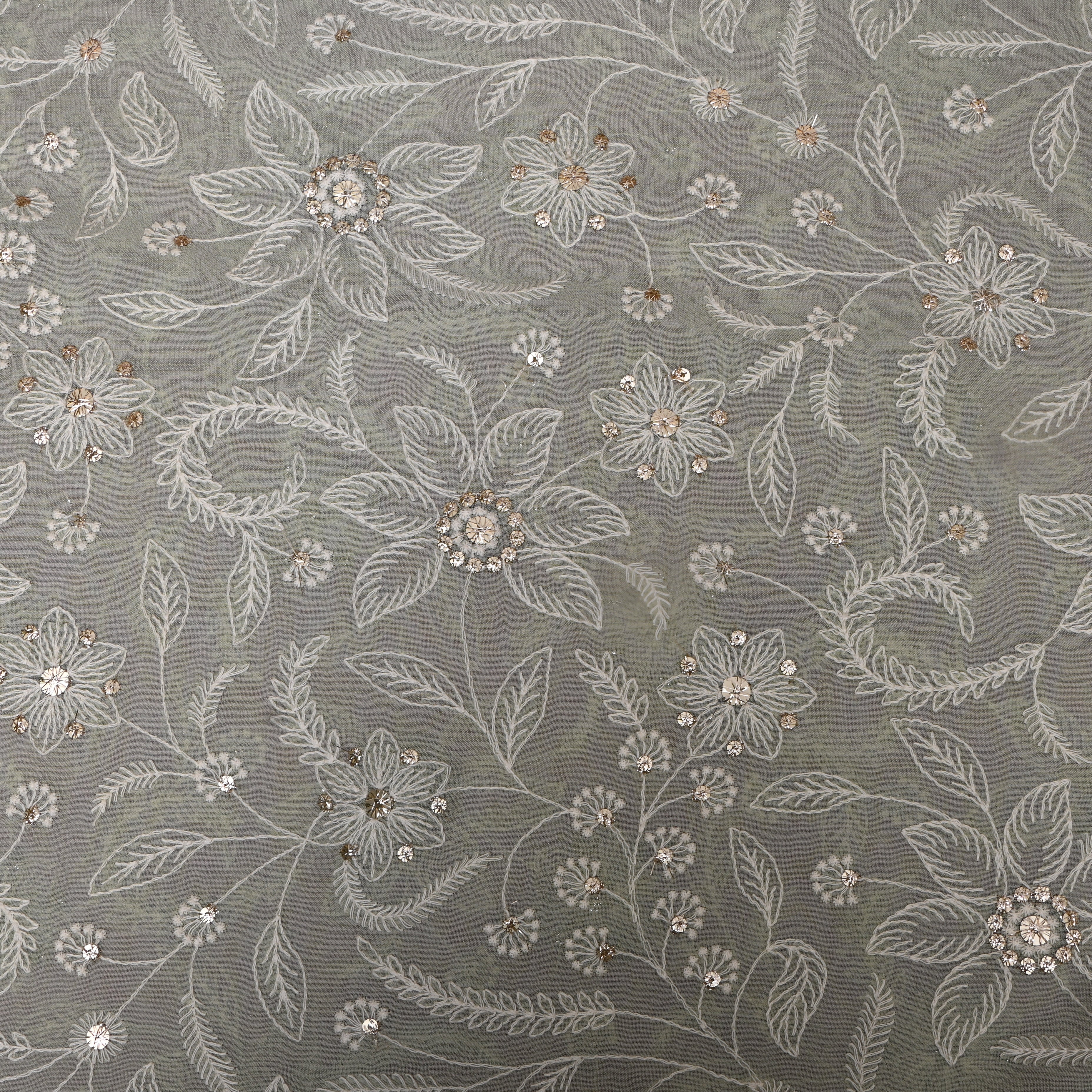 Sage Grey Floral Sequin Organza Embroidery