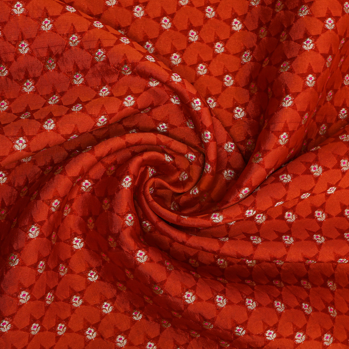 Tangerine Orange Silver Zari Butti Self Weave Jamawar Silk Fabric