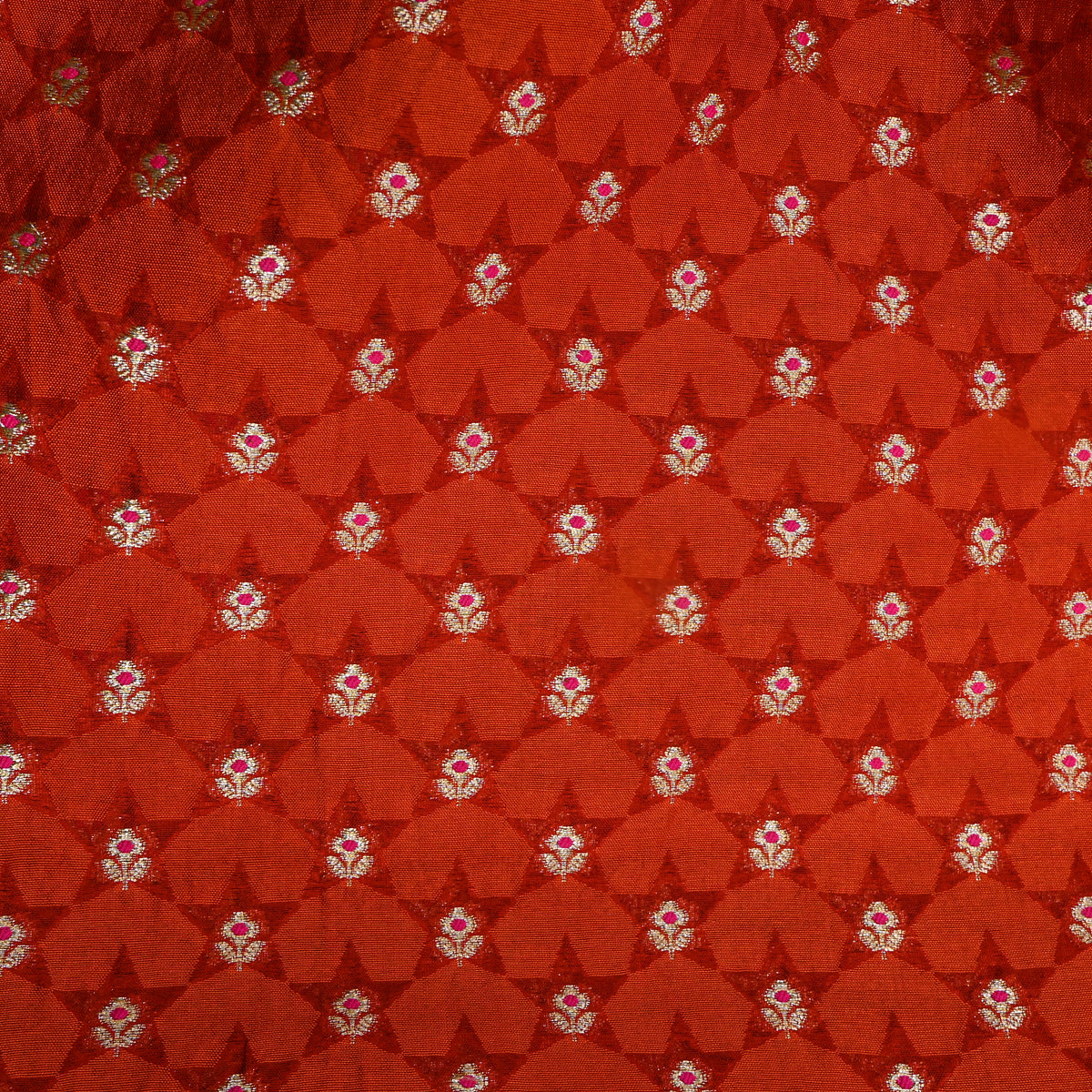 Tangerine Orange Silver Zari Butti Self Weave Jamawar Silk Fabric