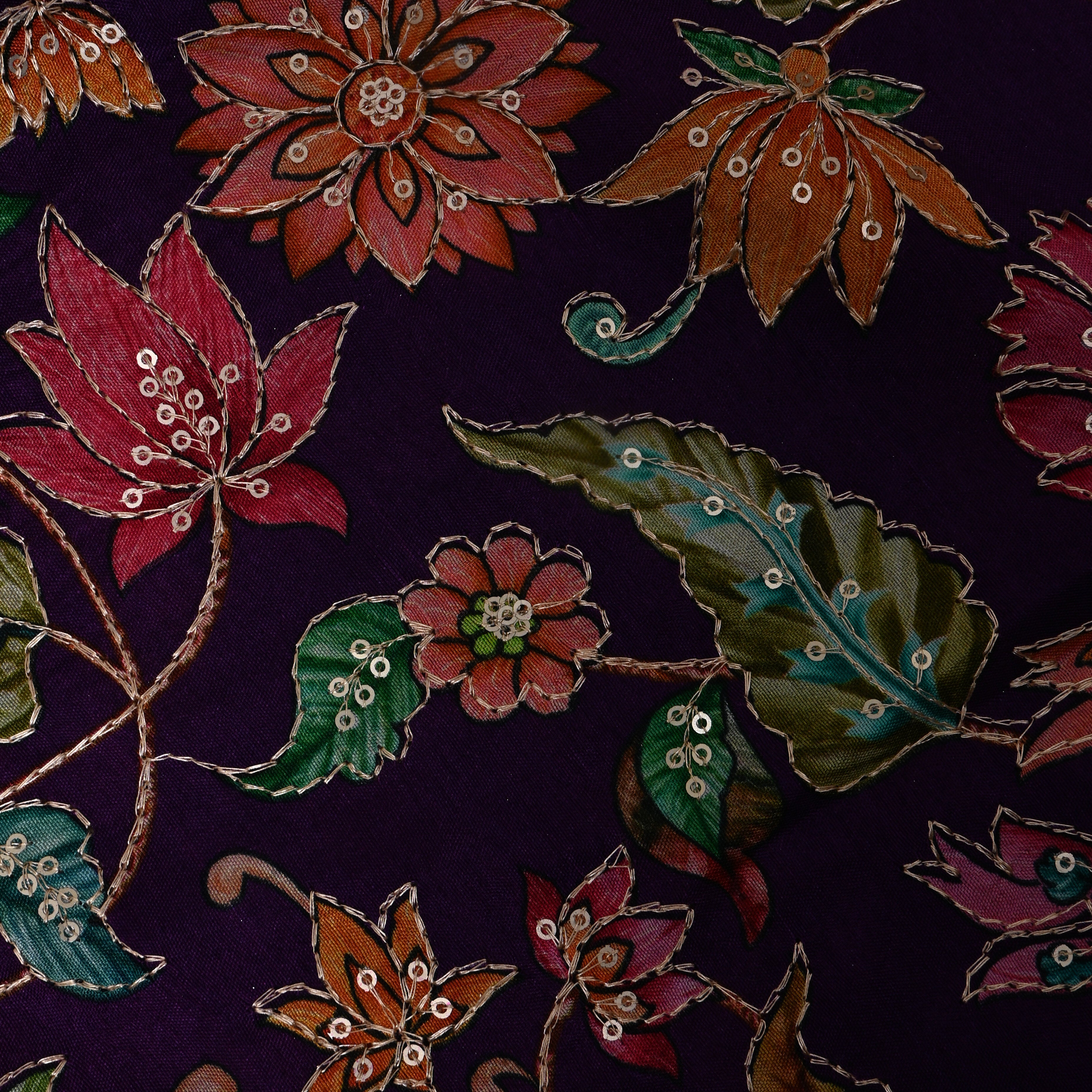 Deep Purple Multicolour Floral Sequin Embroidery Chinon Silk Fabric