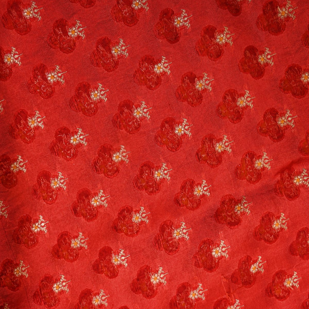 Chilli Red Gold Zari Butti Self Weave Jamawar Silk Fabric