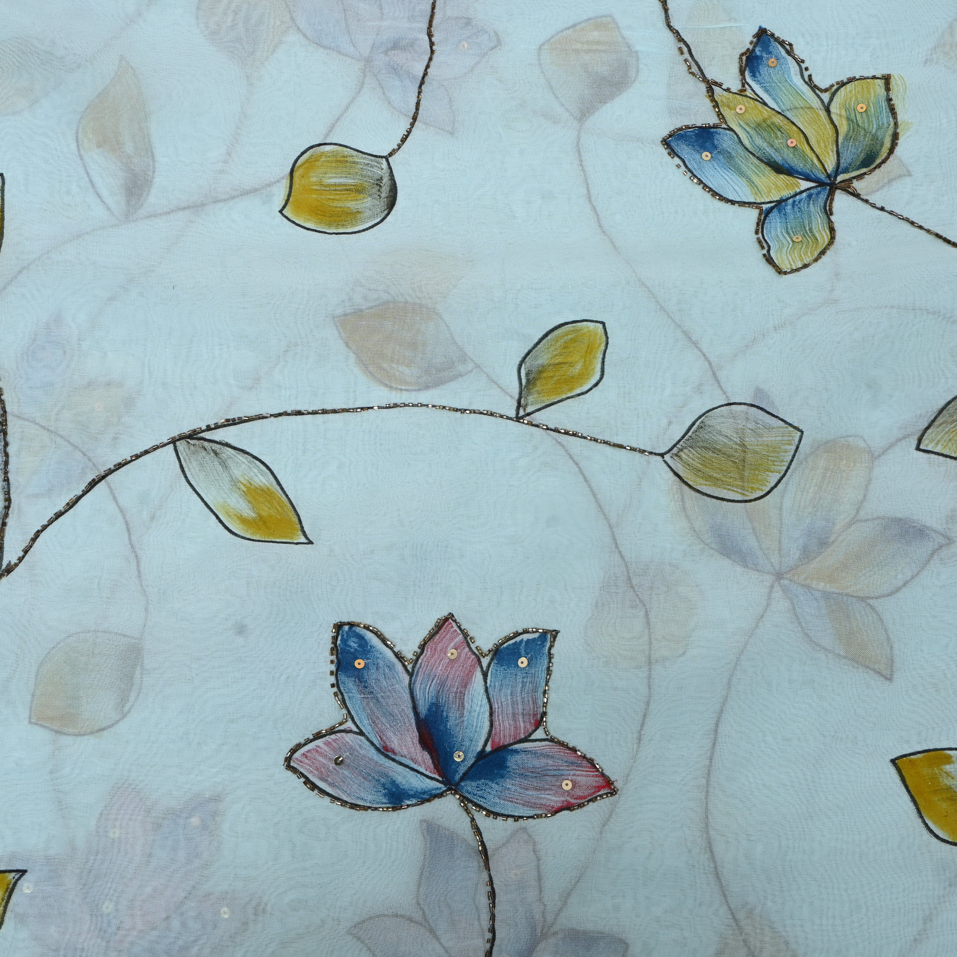Ice Blue Embroidery Georgette With Floral & Leaf Motifs