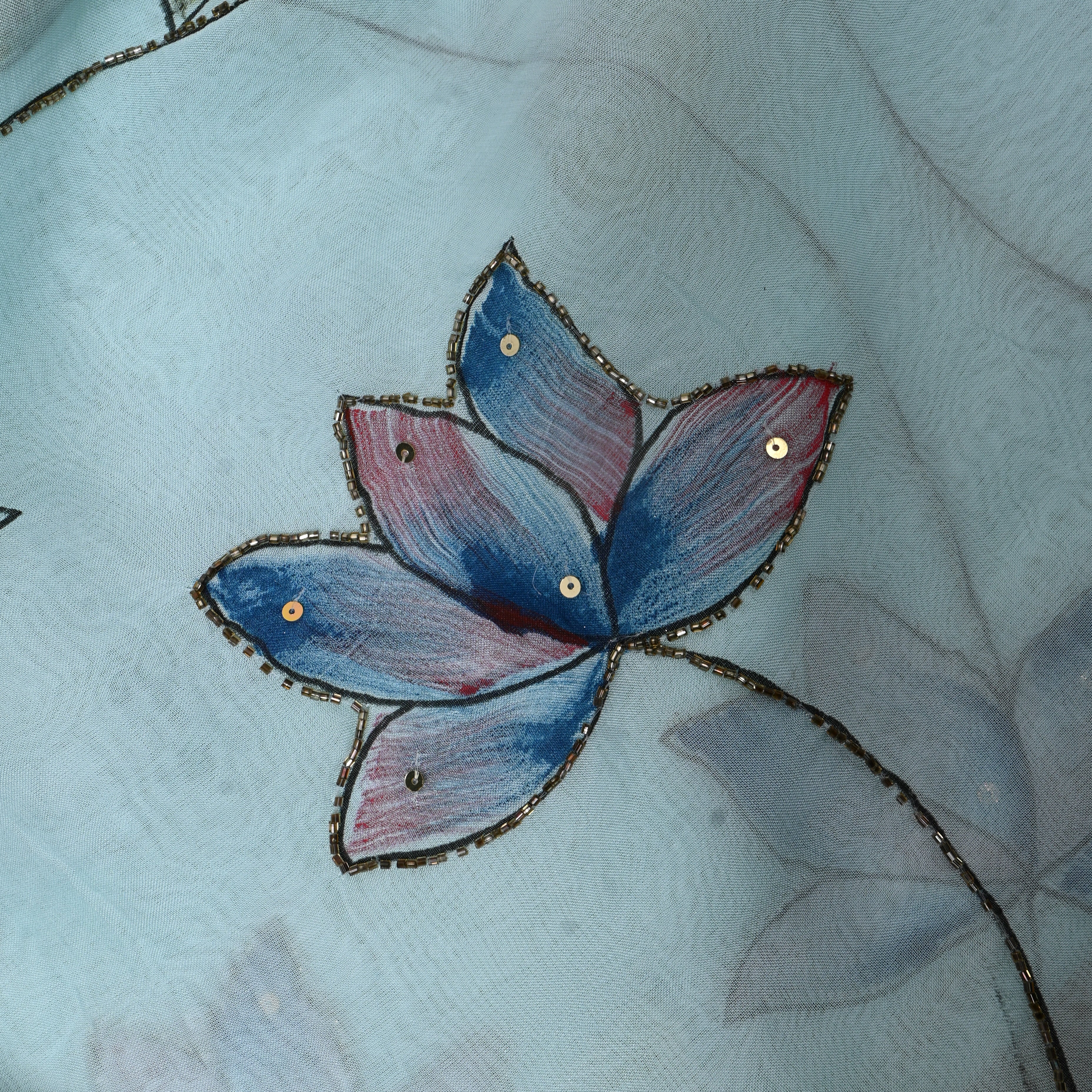 Ice Blue Embroidery Georgette With Floral & Leaf Motifs