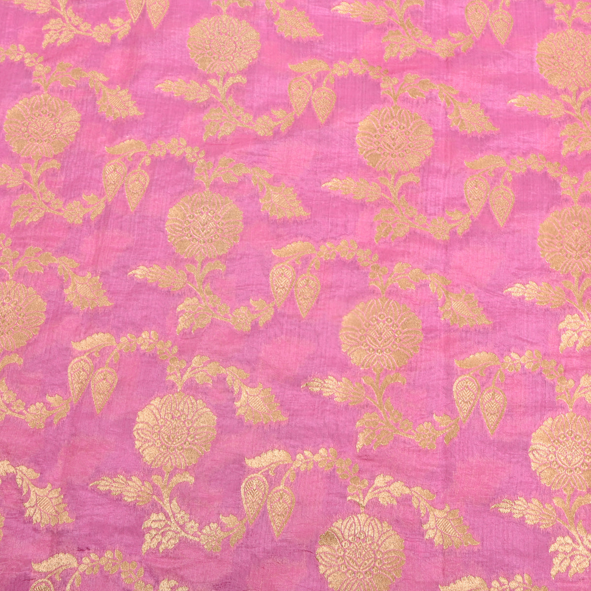 Bubblegum Pink Gold Zari Vine Jaal Jamawar Silk Fabric