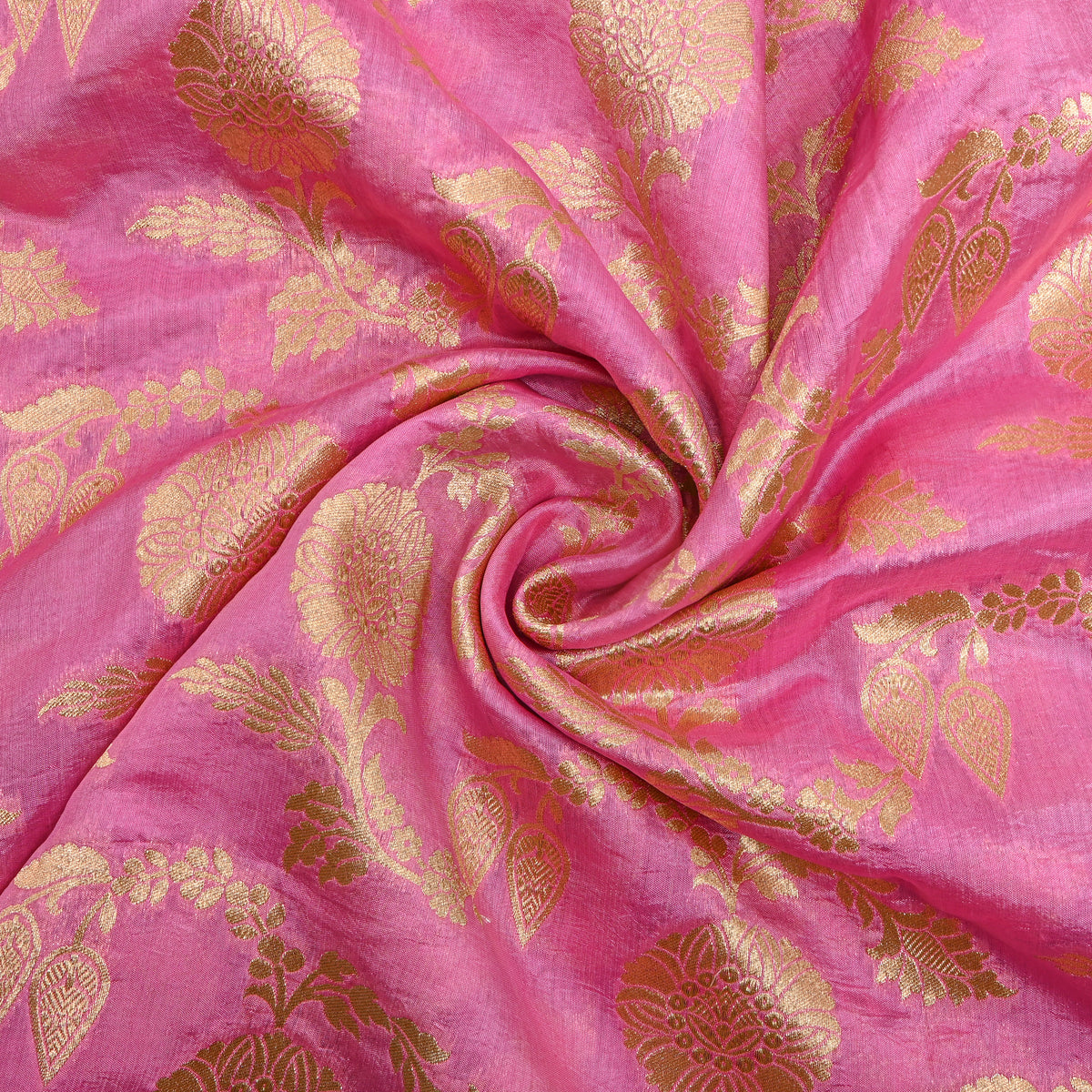 Bubblegum Pink Gold Zari Vine Jaal Jamawar Silk Fabric