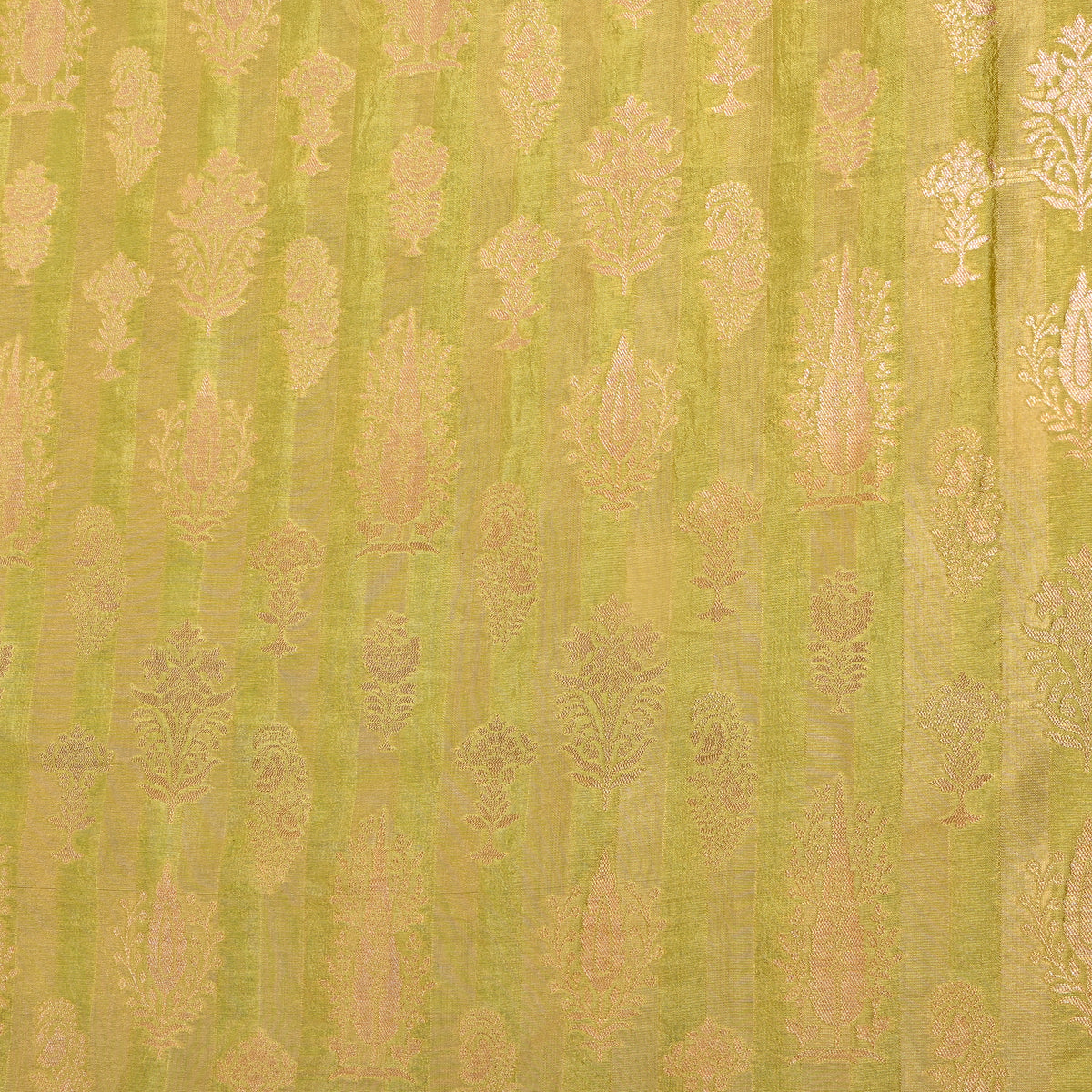 Lime Green Gold Zari Butti Stripe Jamawar Silk Fabric