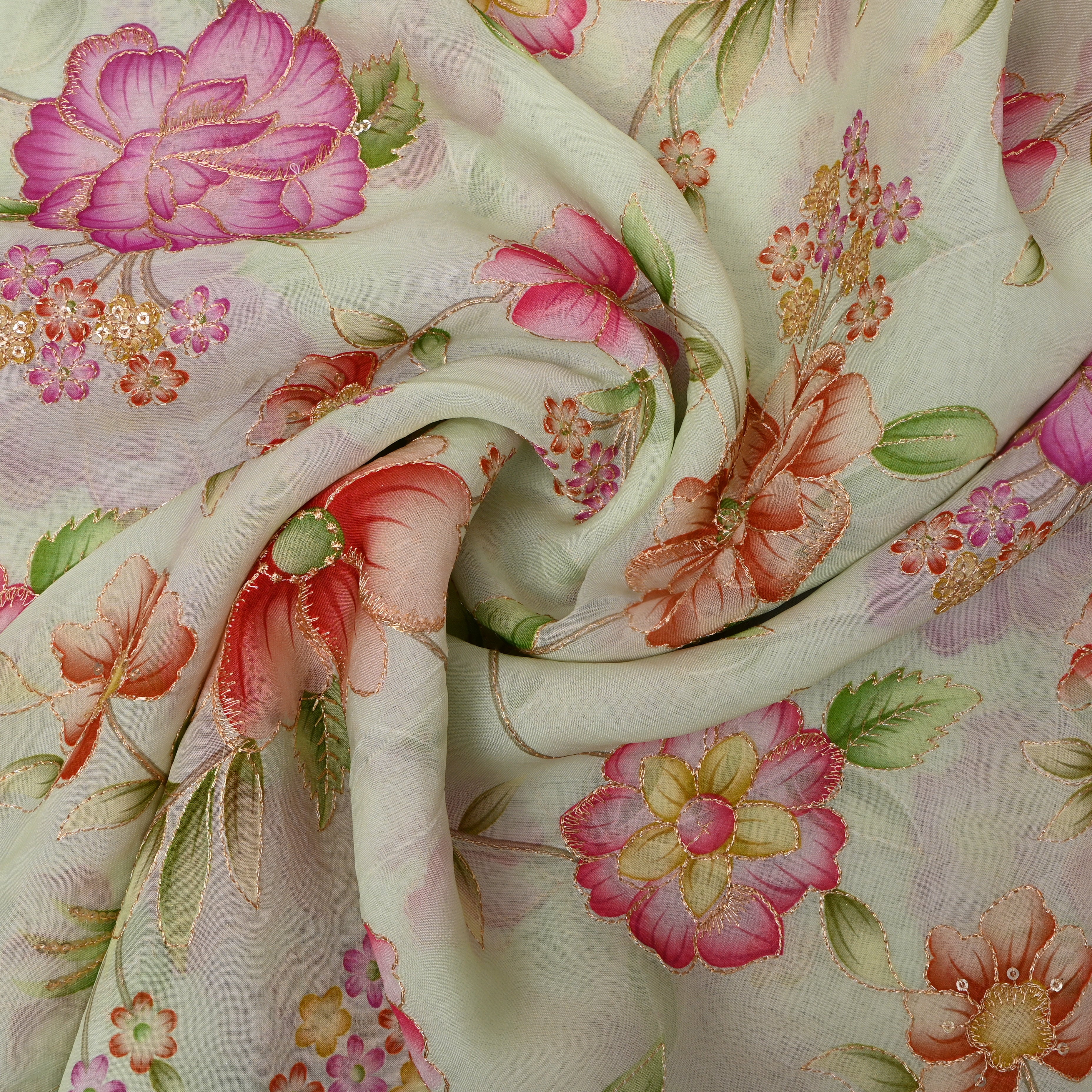 Mint Green Multicolour Floral Sequin Embroidery Organza Fabric