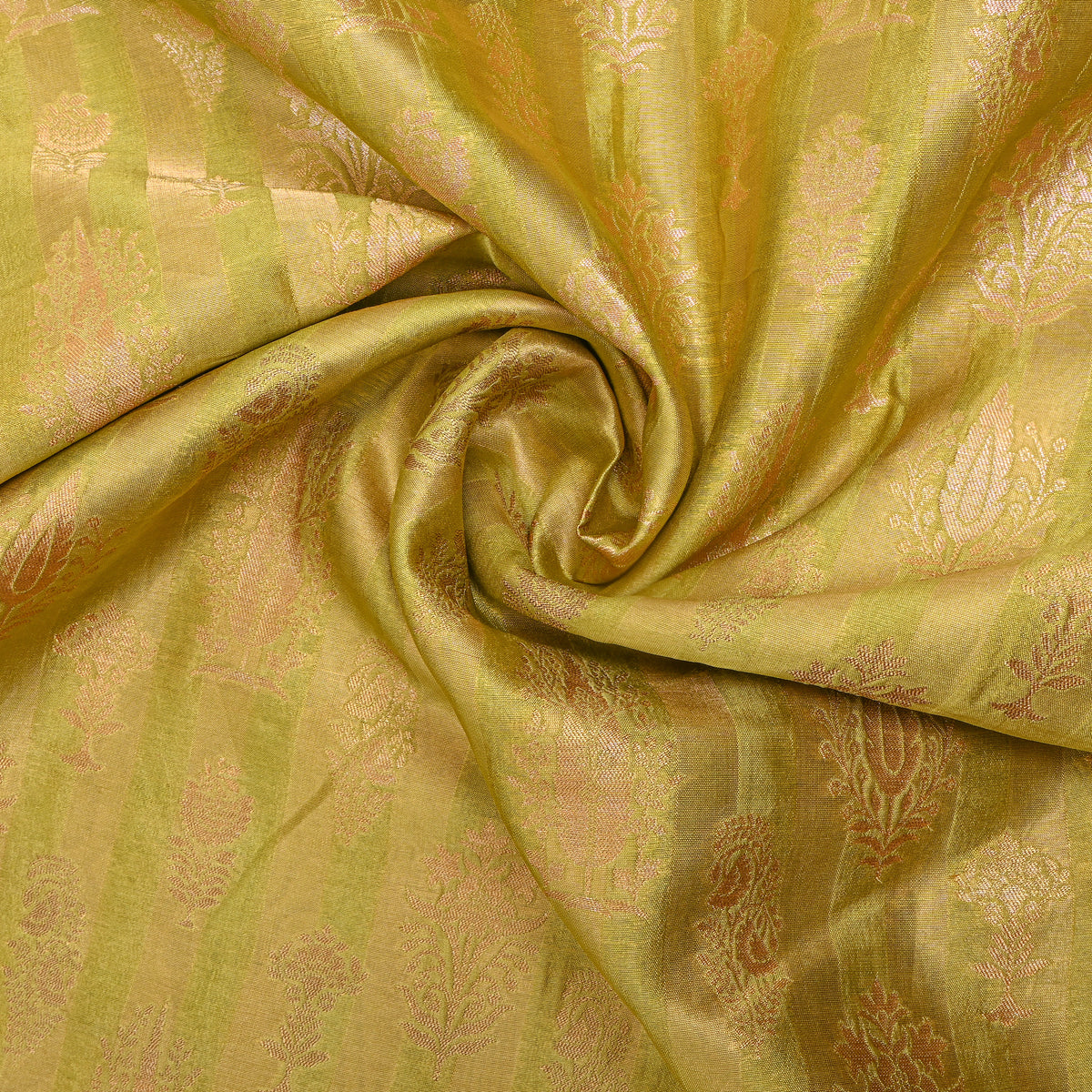 Lime Green Gold Zari Butti Stripe Jamawar Silk Fabric