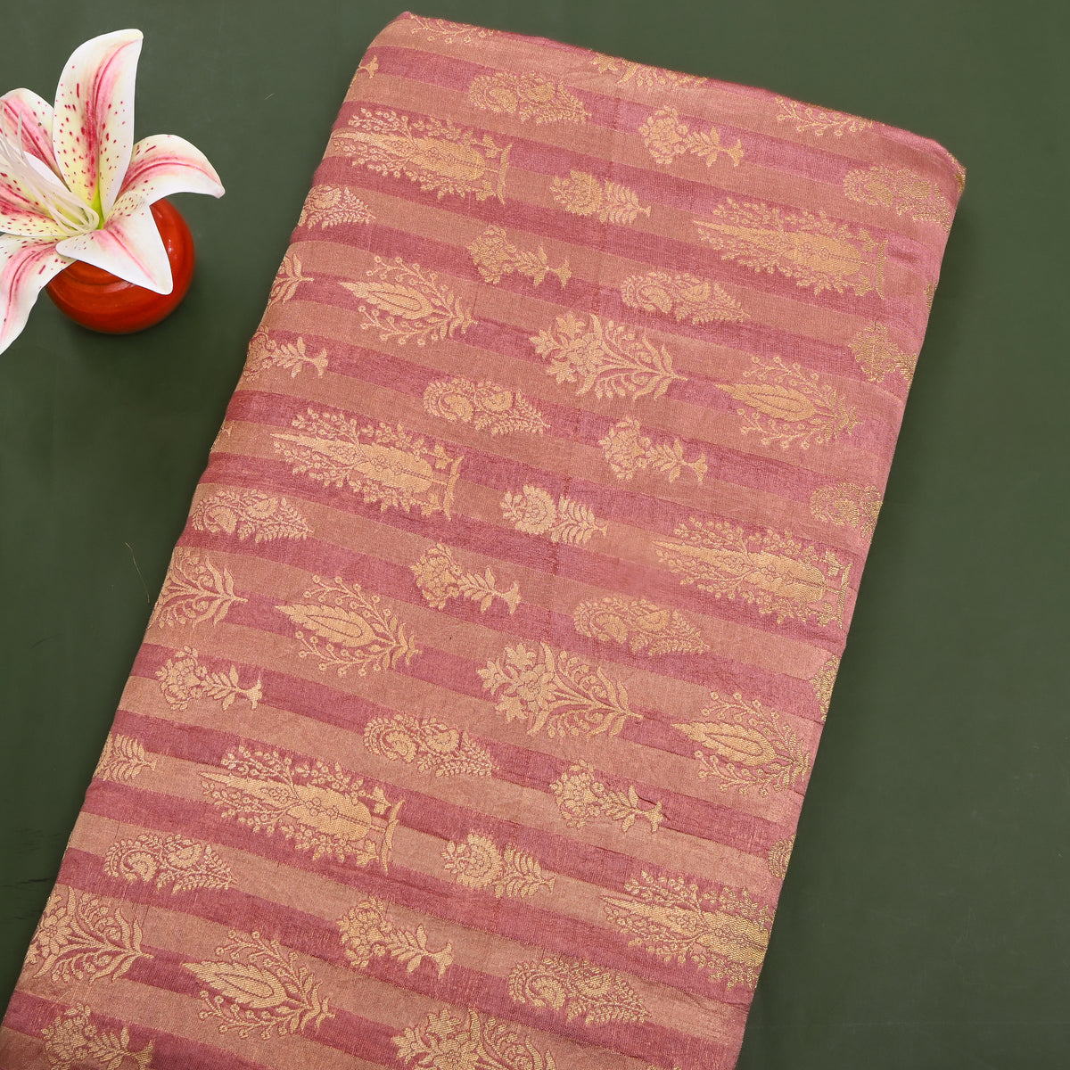 Rosewood Gold Zari Butti Stripe Jamawar Silk Fabric