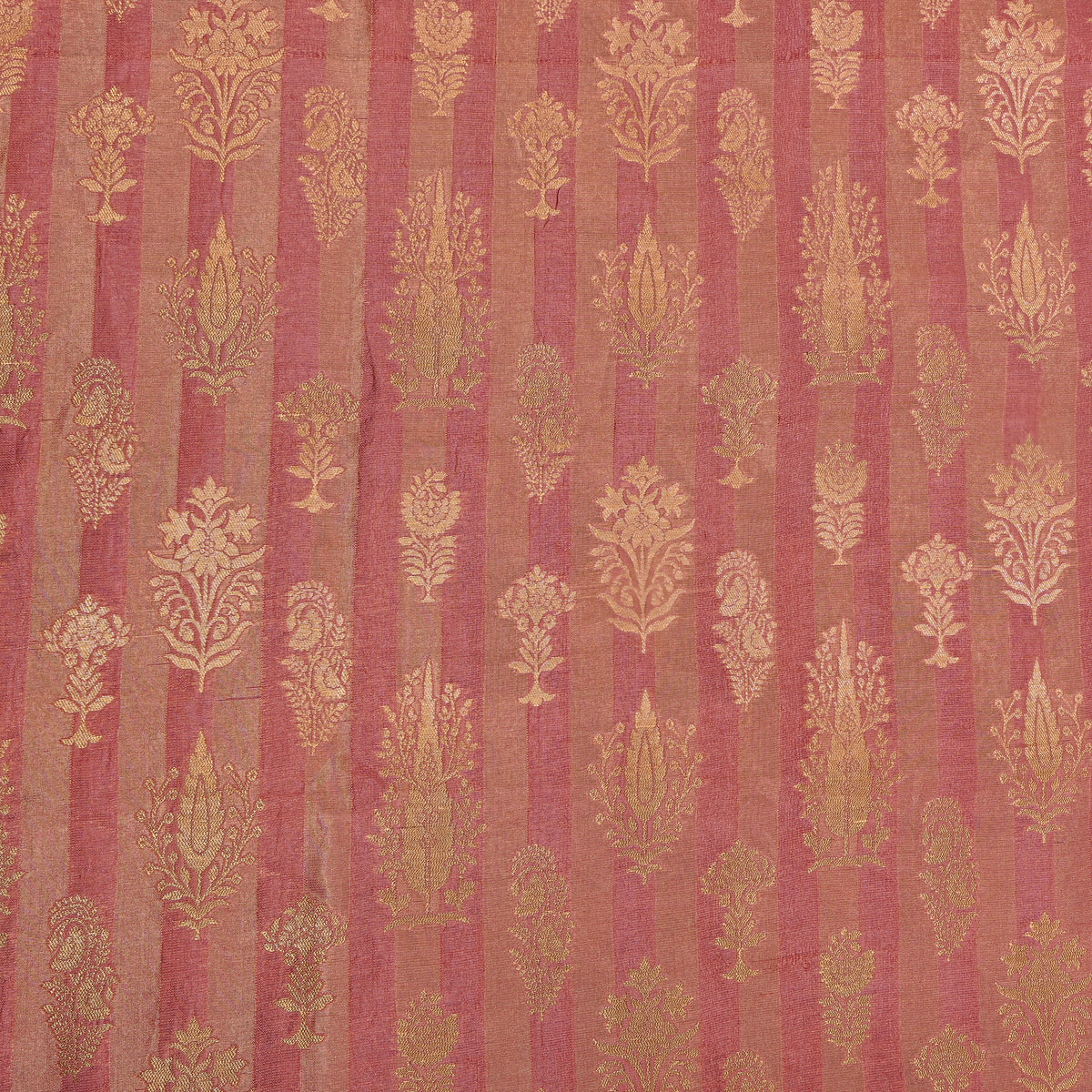 Rosewood Gold Zari Butti Stripe Jamawar Silk Fabric