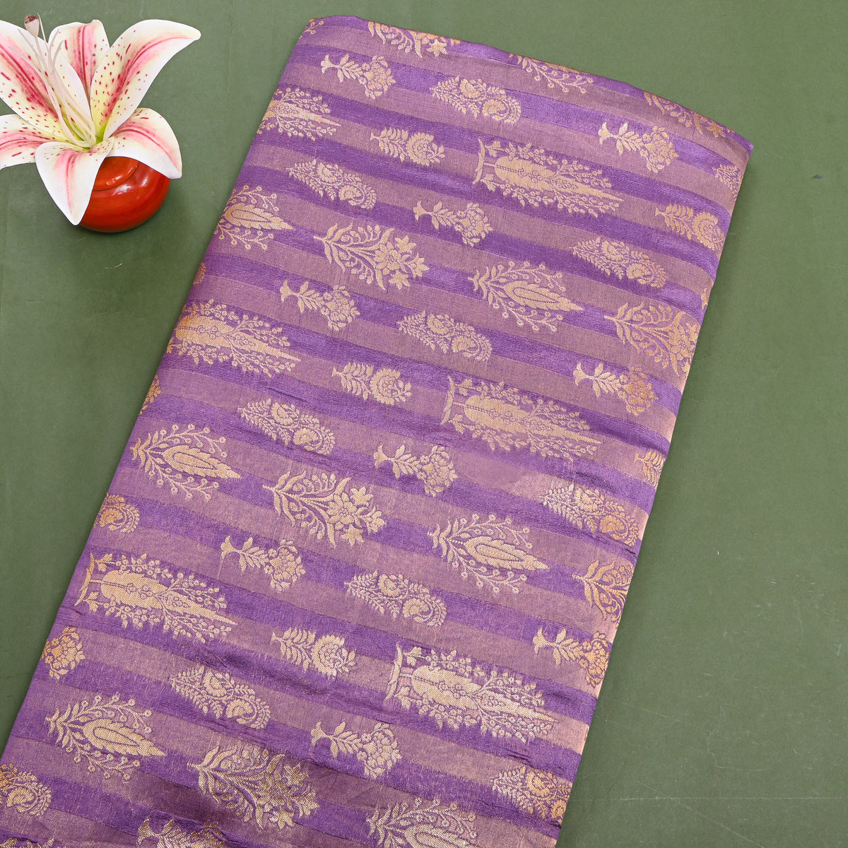 Lavender Gold Zari Butti Stripe Jamawar Silk Fabric