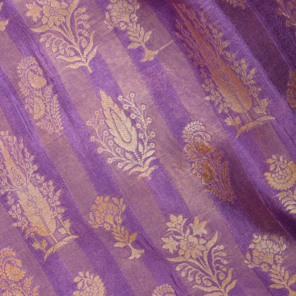Lavender Gold Zari Butti Stripe Jamawar Silk Fabric