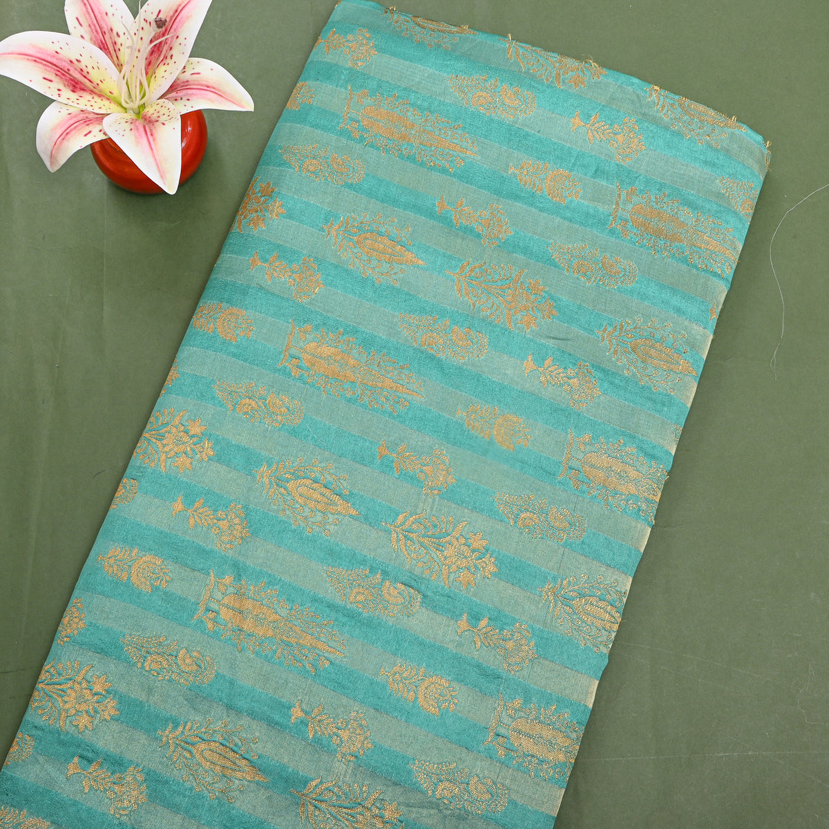 Turquoise Gold Zari Butti Stripe Jamawar Silk Fabric