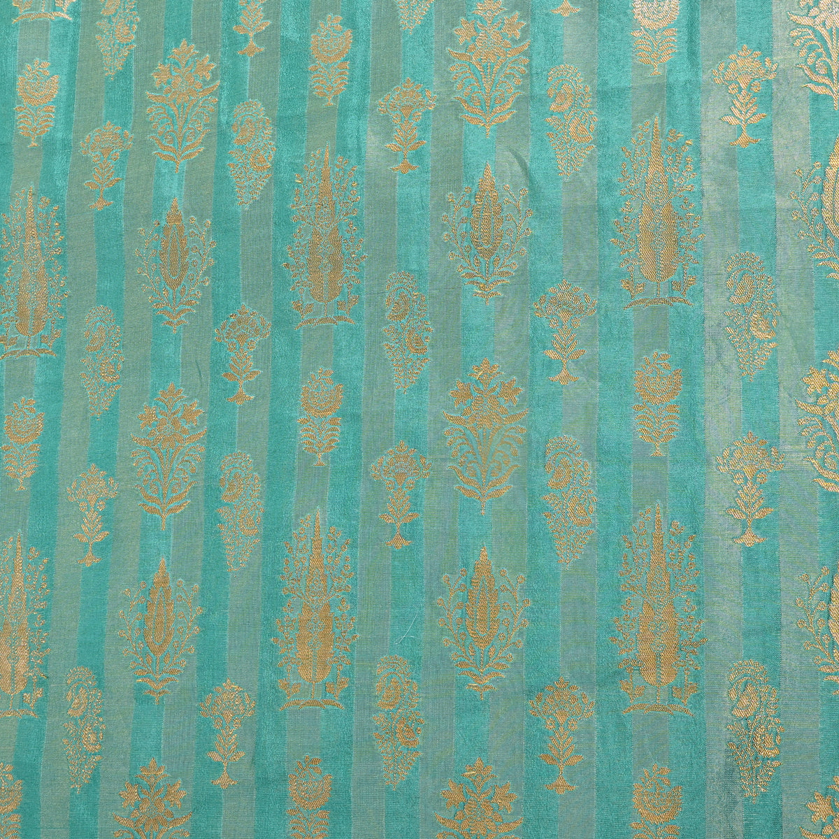 Turquoise Gold Zari Butti Stripe Jamawar Silk Fabric