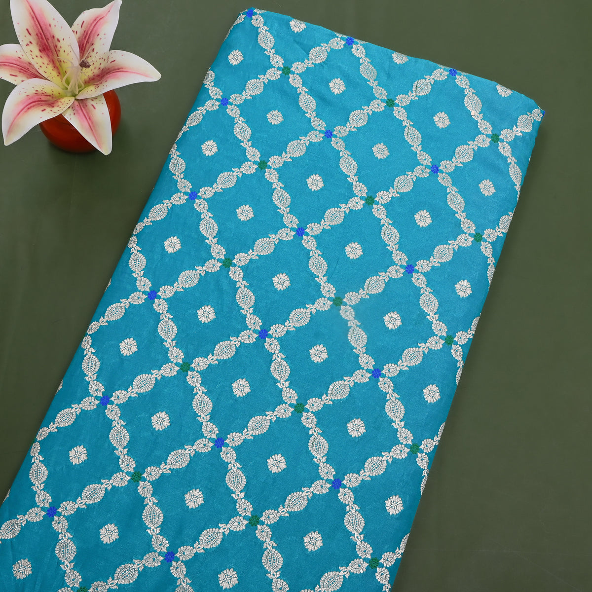 Cyan Blue Silver Zari Trellis Butti Jamawar Silk Fabric