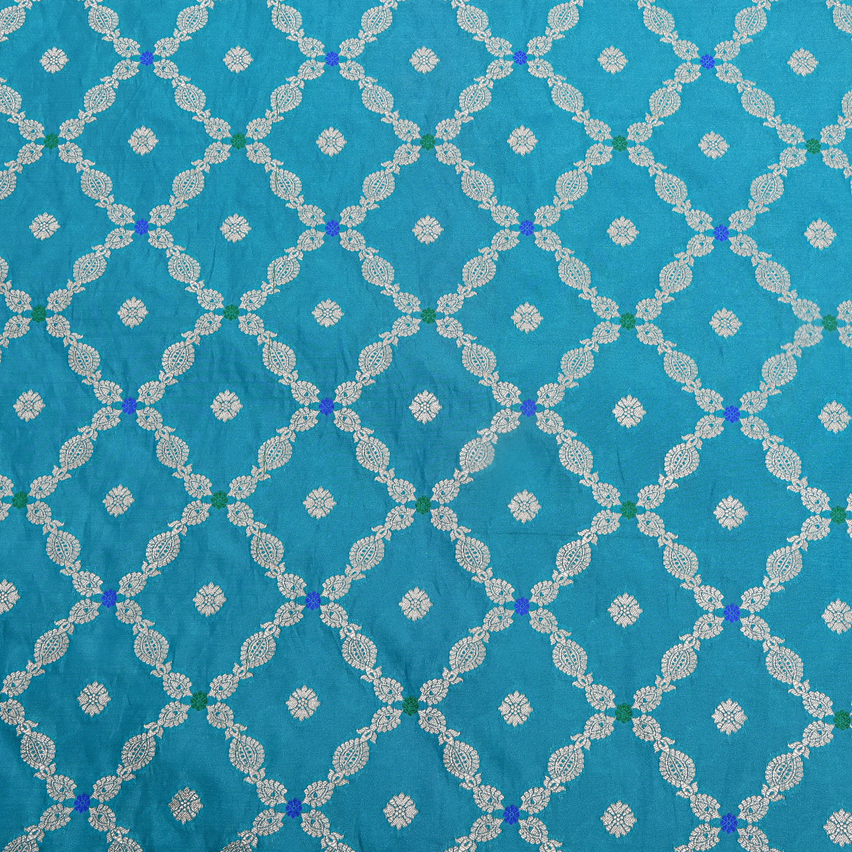 Cyan Blue Silver Zari Trellis Butti Jamawar Silk Fabric