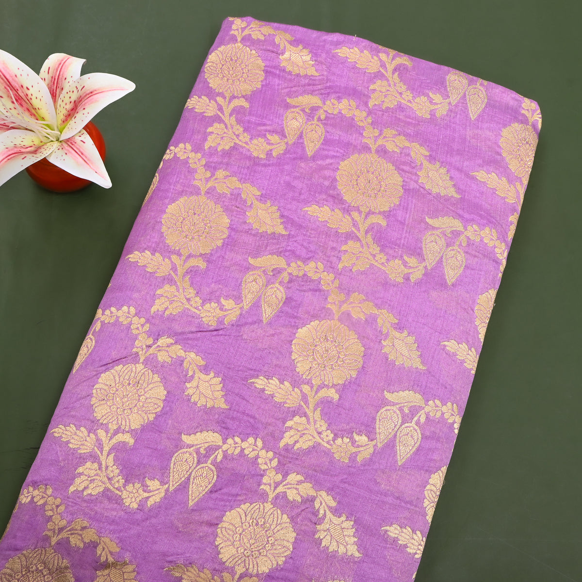 Lilac Purple Gold Zari Floral Jaal Jamawar Silk Fabric