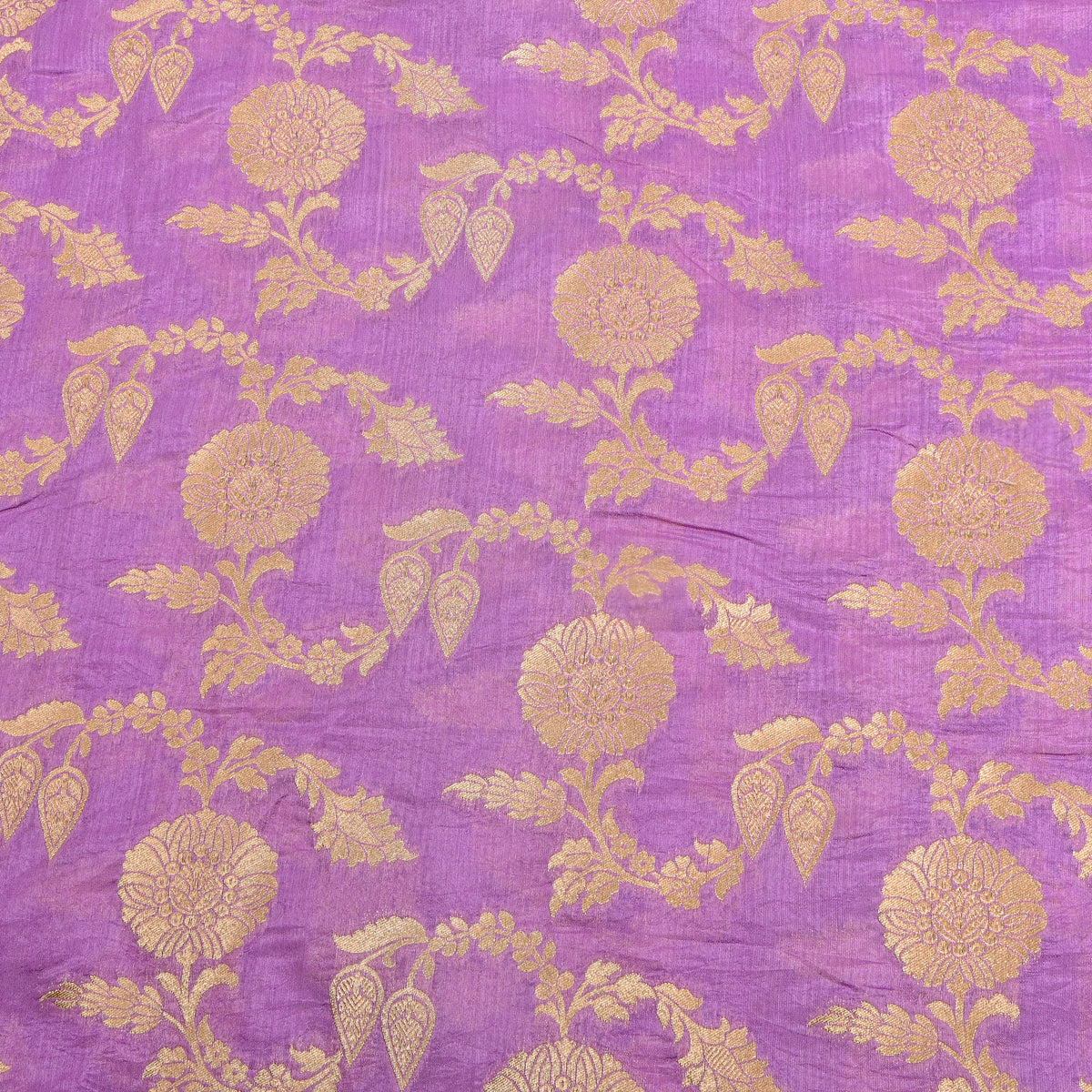 Lilac Purple Gold Zari Floral Jaal Jamawar Silk Fabric