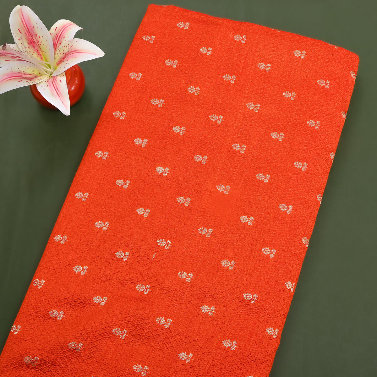 Rust Orange Gold Zari Butti Self Weave Jamawar Silk Fabric
