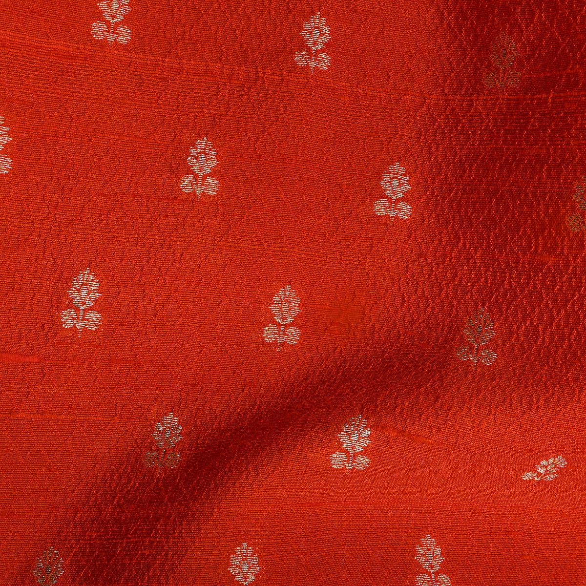 Rust Orange Gold Zari Butti Self Weave Jamawar Silk Fabric