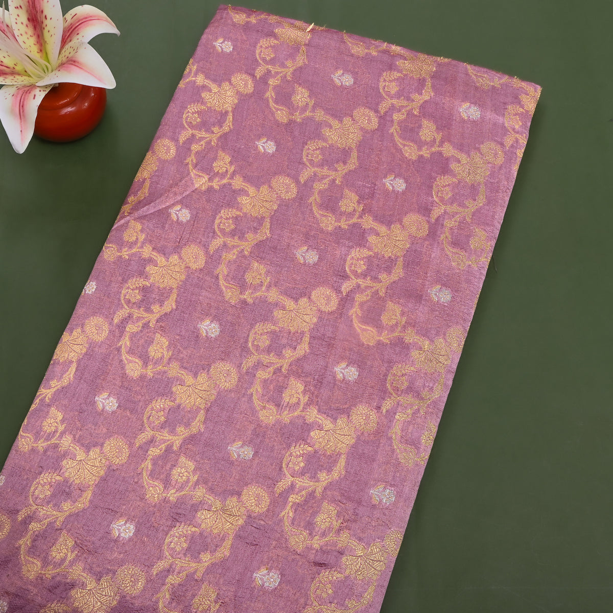 Mauve Gold Floral Vine Silver Butti Jamawar Silk Fabric