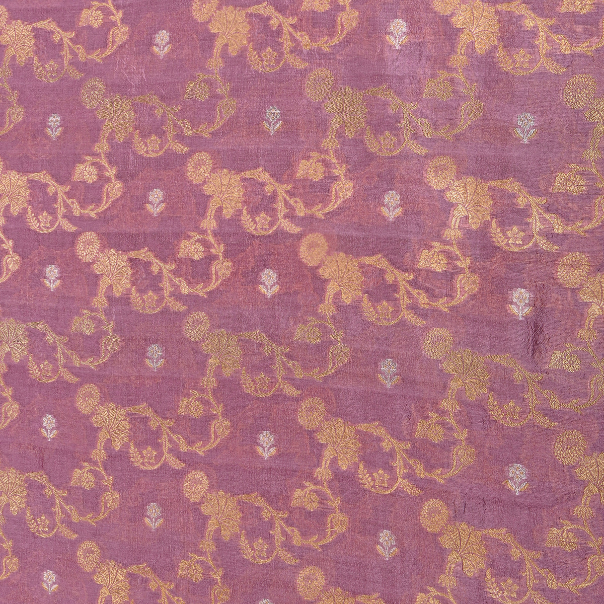 Mauve Gold Floral Vine Silver Butti Jamawar Silk Fabric