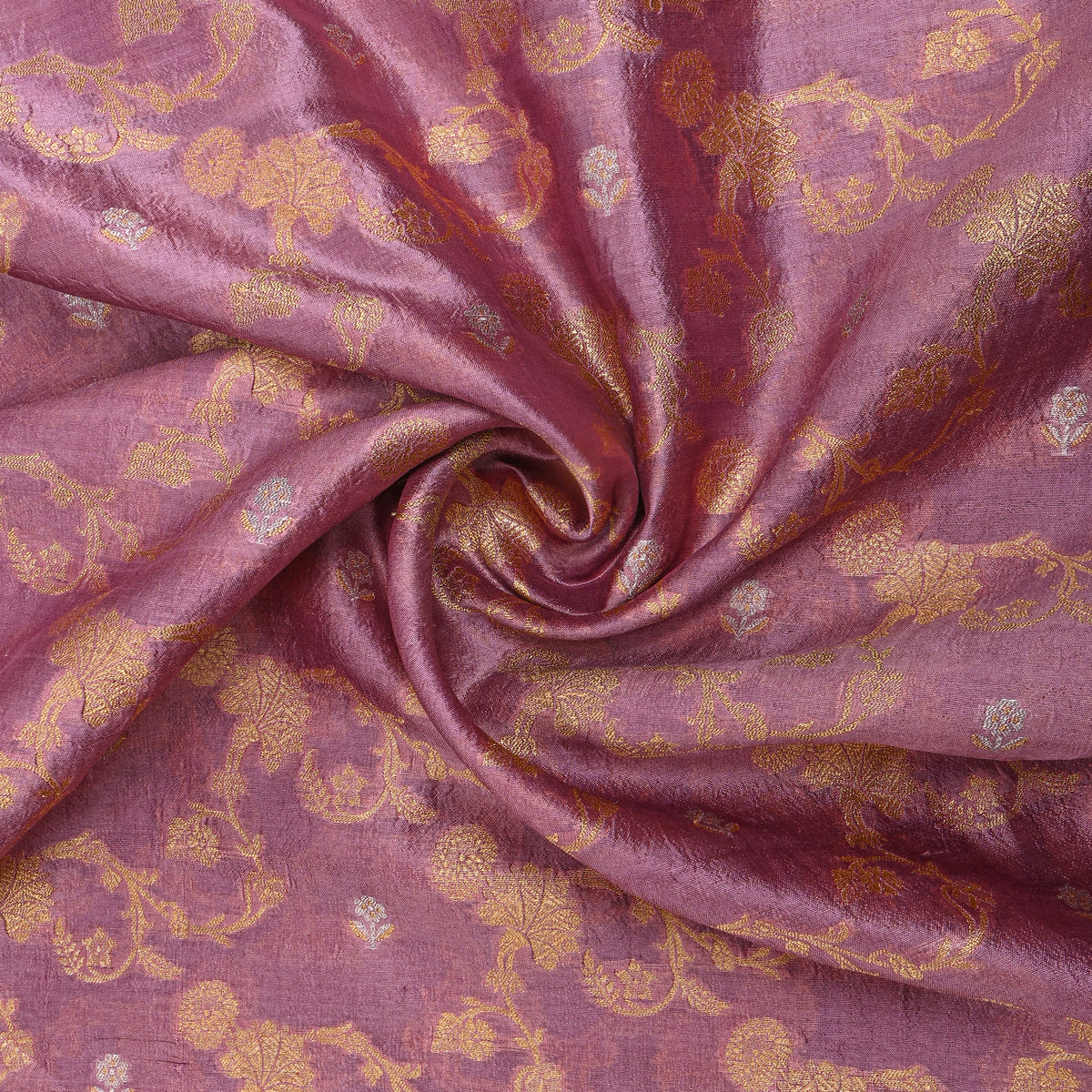 Mauve Gold Floral Vine Silver Butti Jamawar Silk Fabric
