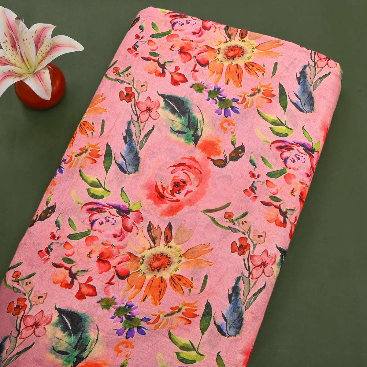 Blush Pink Sunflower Watercolour Print Satin Fabric