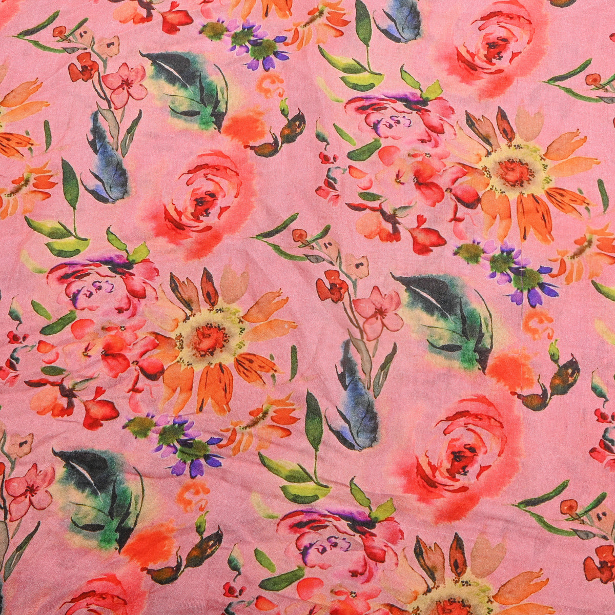 Blush Pink Sunflower Watercolour Print Satin Fabric