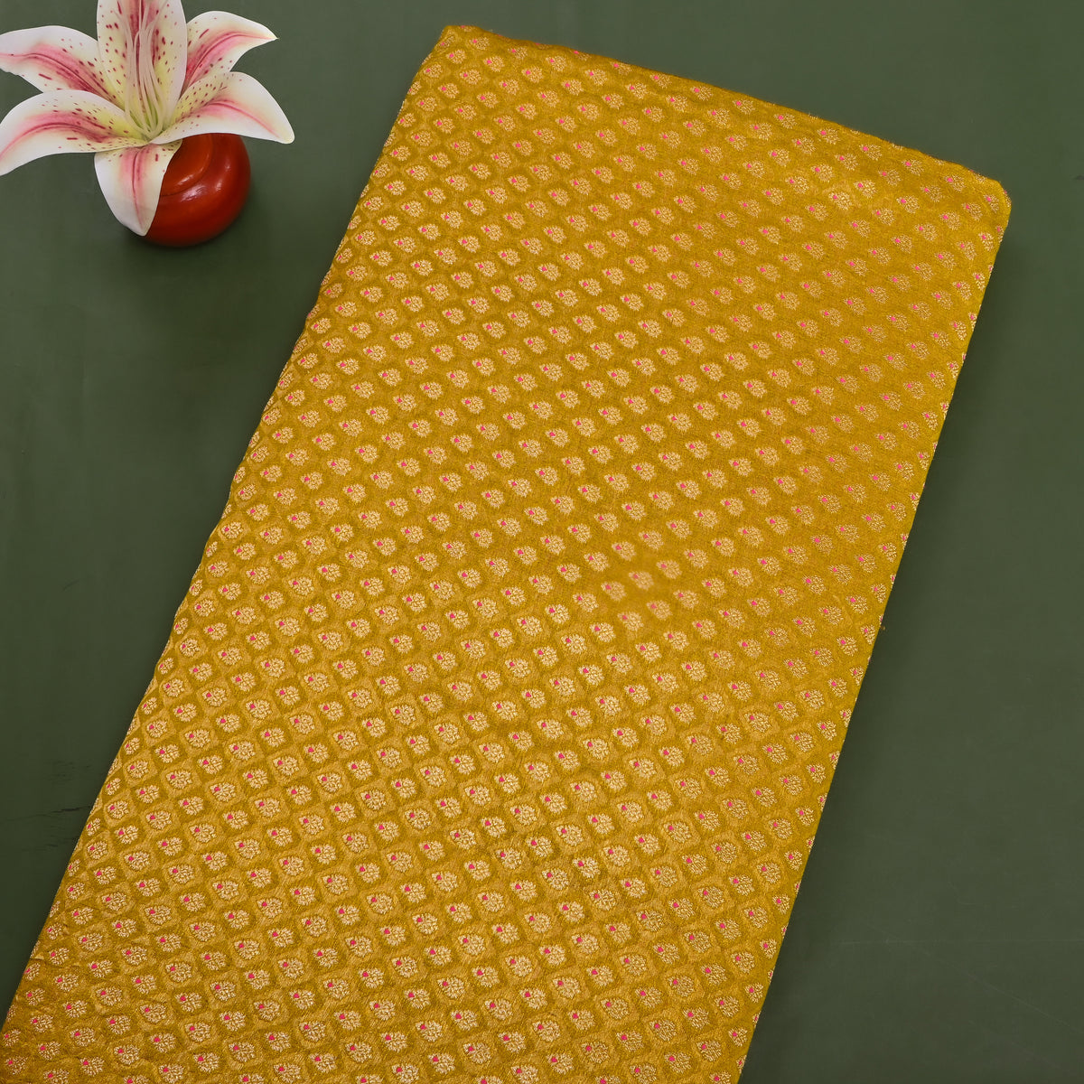 Golden Yellow Micro Check Gold Zari Butti Jamawar Silk Fabric