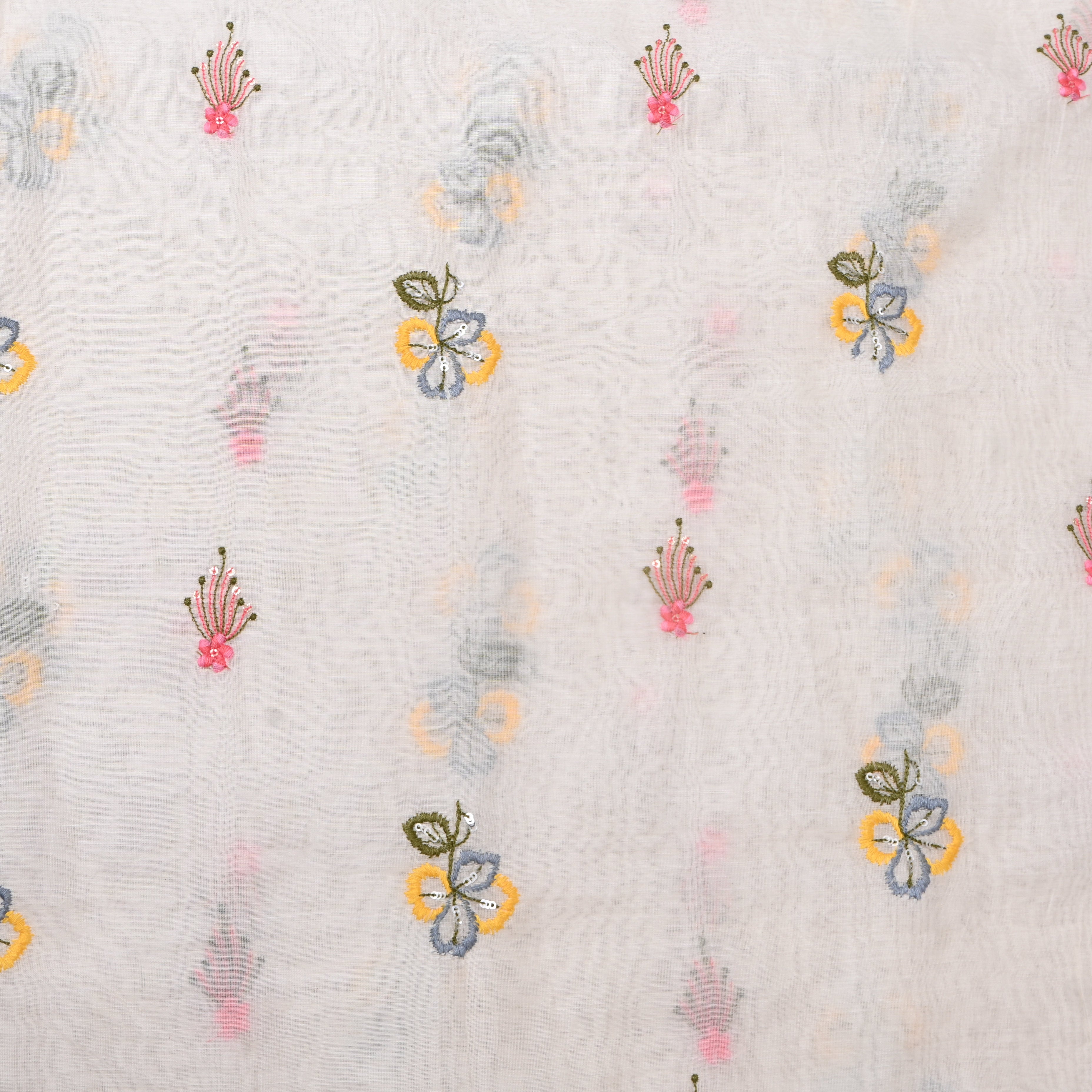 White Multicolour Floral Motif Sequin Embroidery Chanderi Fabric