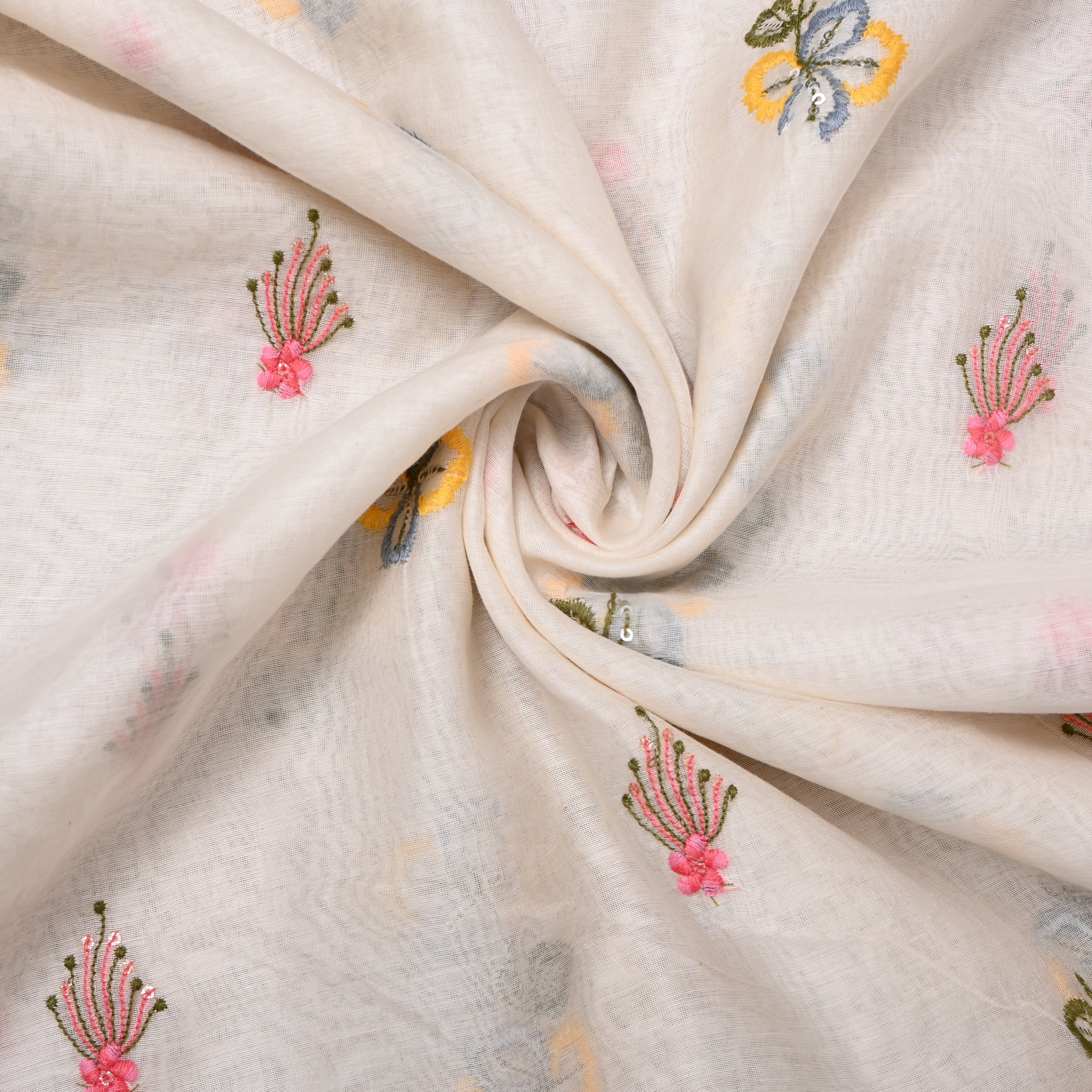 White Multicolour Floral Motif Sequin Embroidery Chanderi Fabric