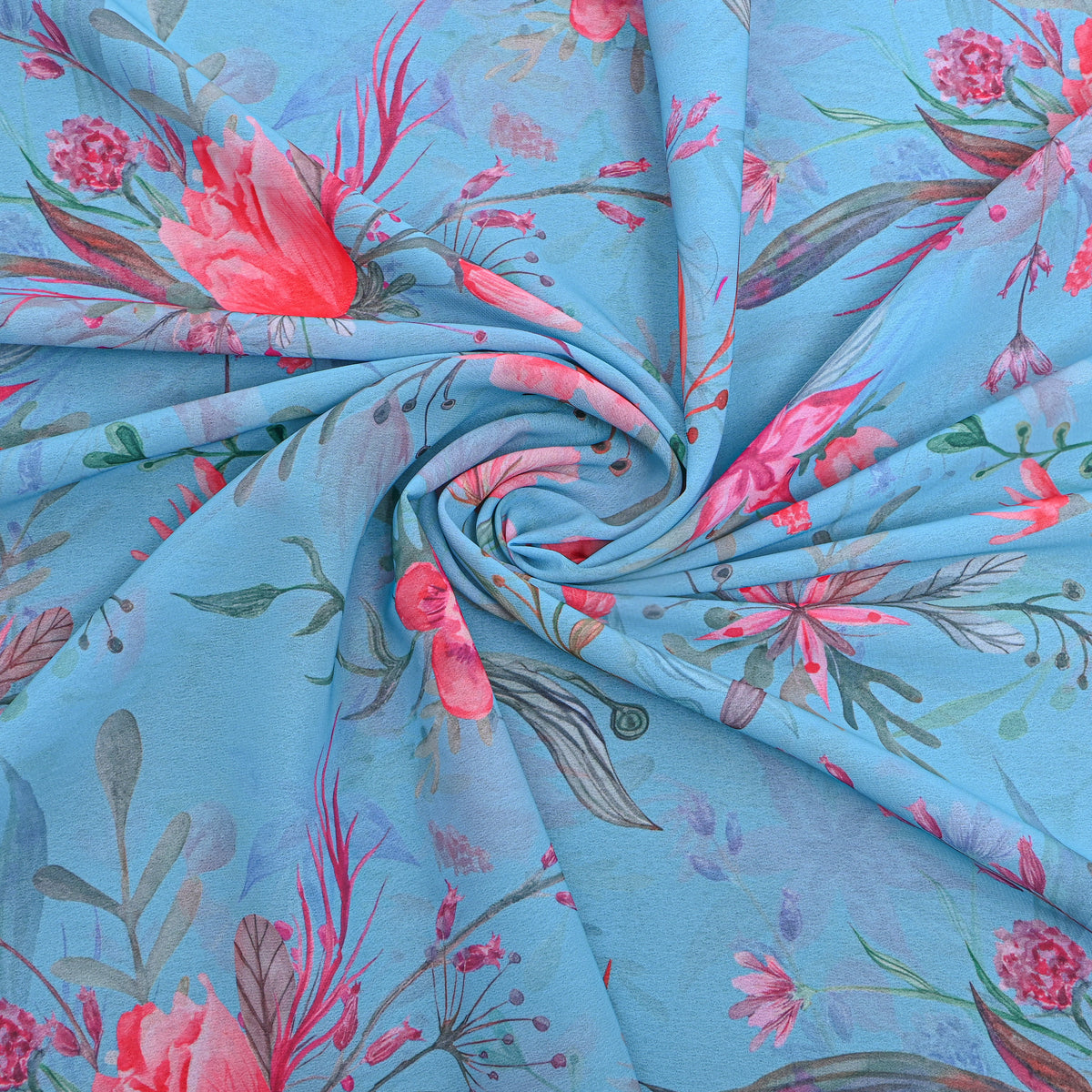 Sky Blue Wildflower Print Georgette Fabric