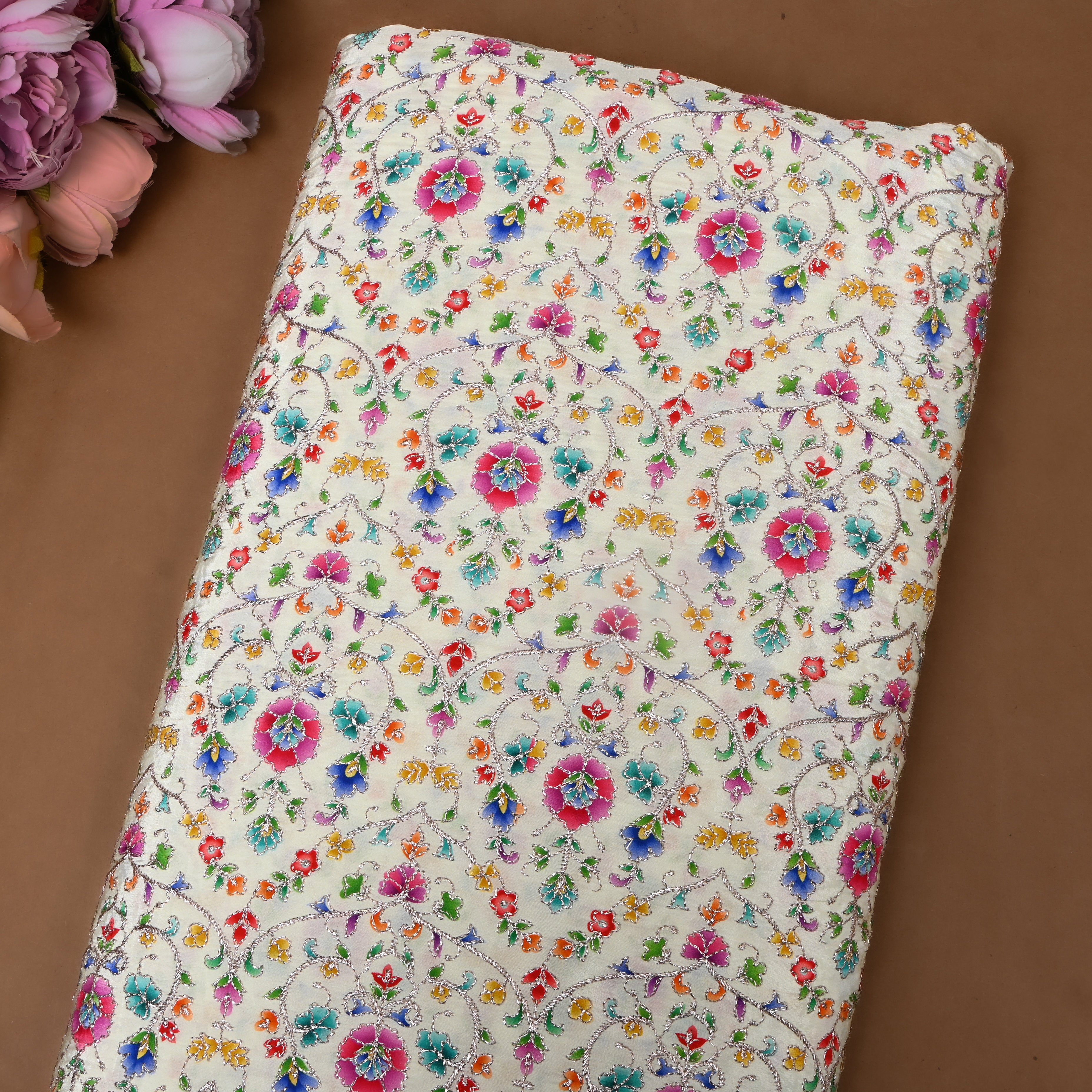Vory Silk With Multicolor Floral Embroidery