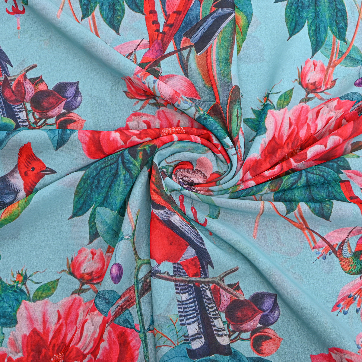 Aqua Blue Bird Garden Print Georgette Fabric