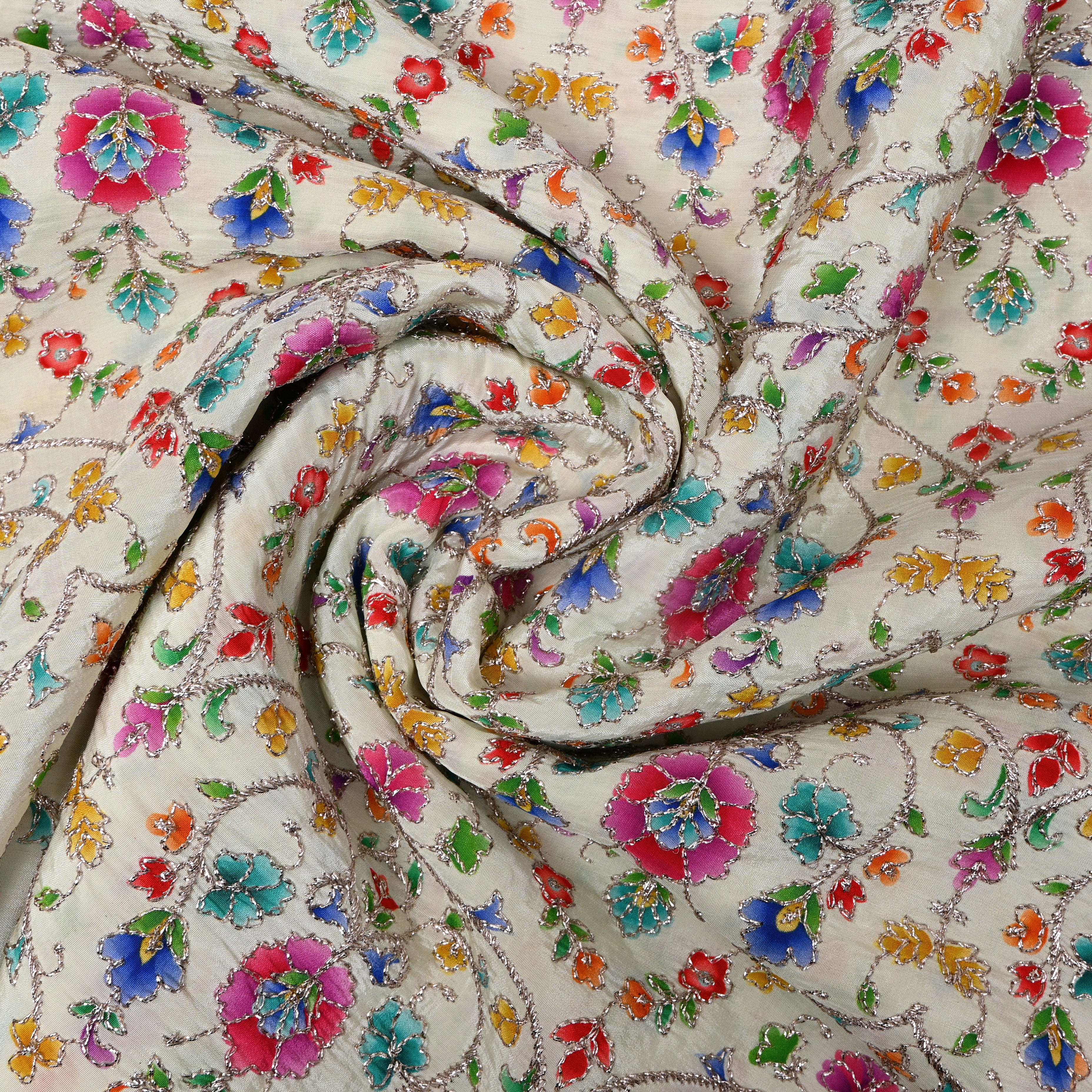 Vory Silk With Multicolor Floral Embroidery