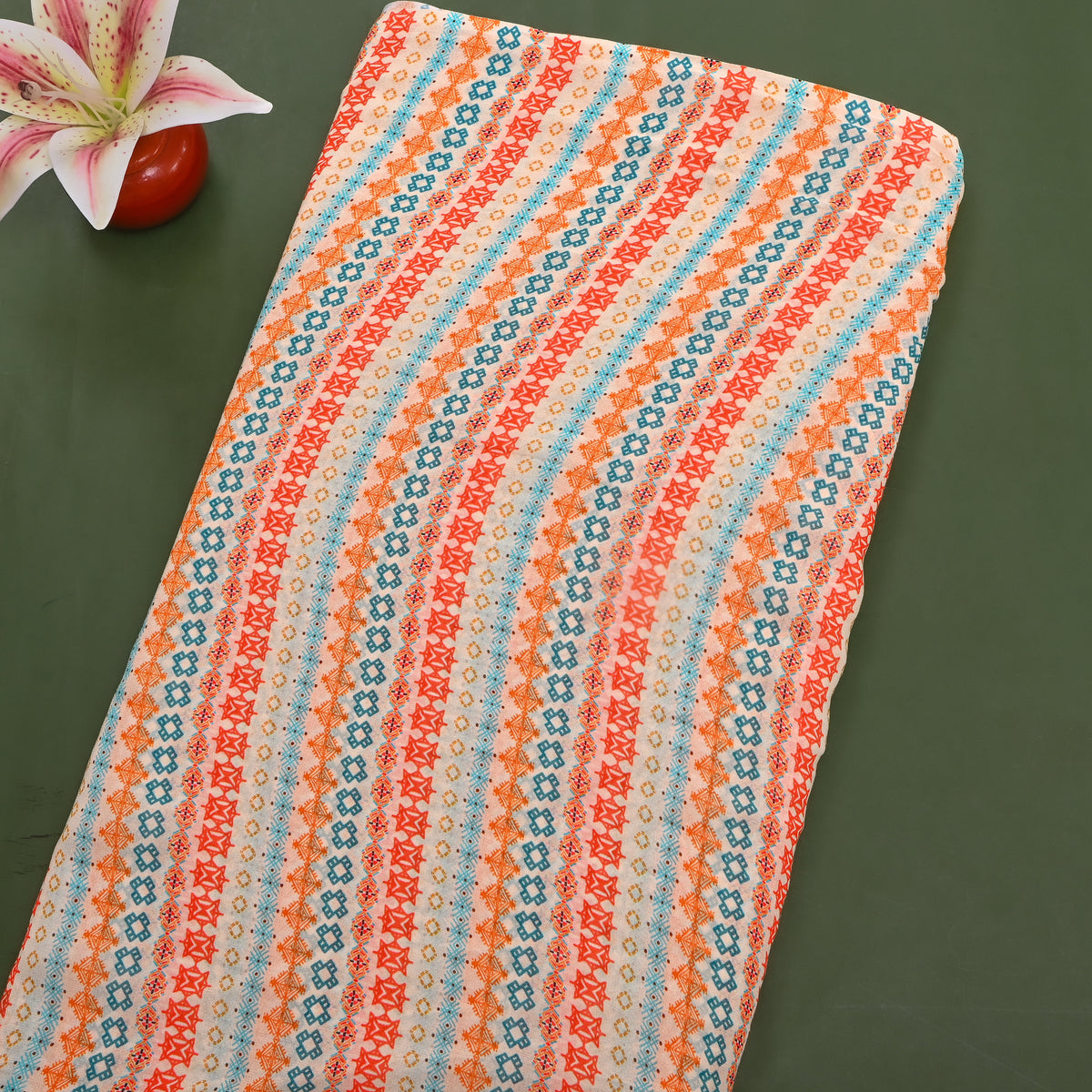 Sandstone Cream Multi Geometric Stripe Digital Print Georgette Fabric