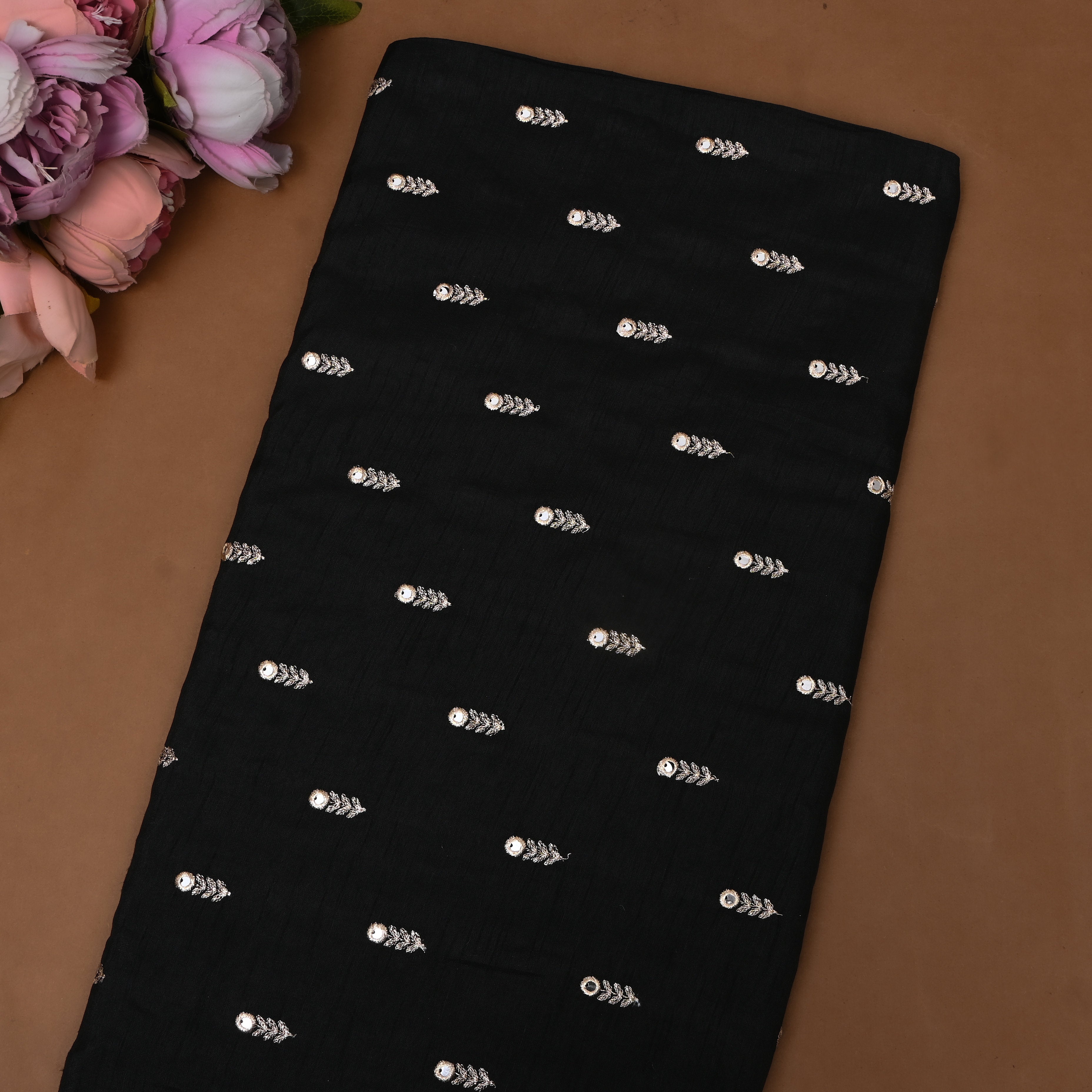 Black Mirror Work Booti Embroidered Silk Fabric
