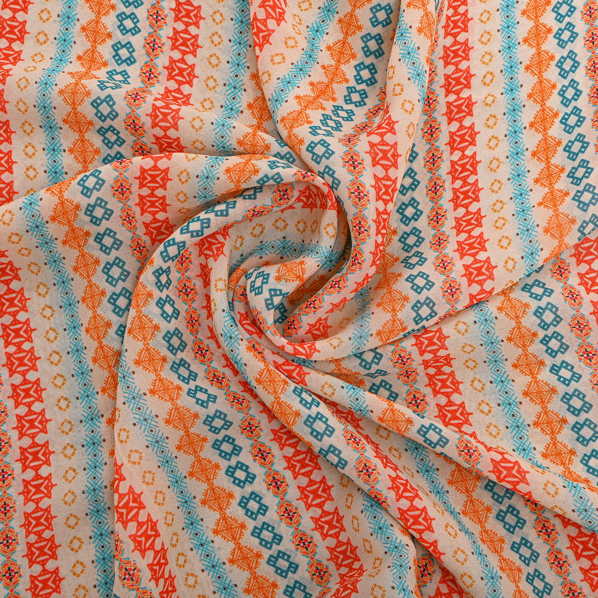 Sandstone Cream Multi Geometric Stripe Digital Print Georgette Fabric