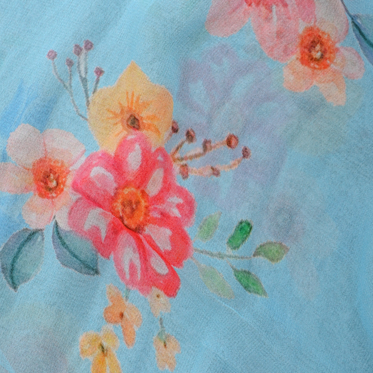 Powder Blue Spring Bloom Print Chiffon Fabric