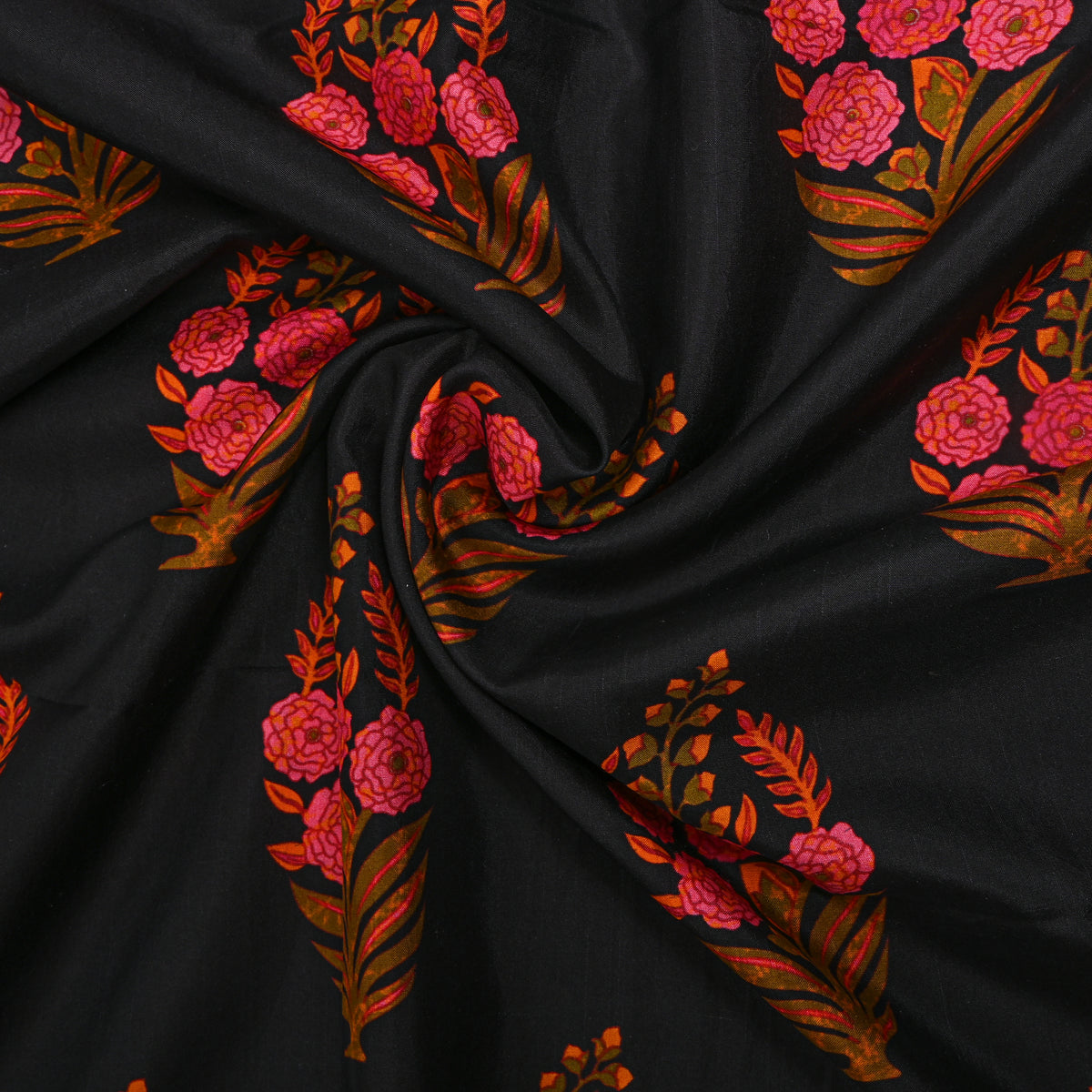 Kohl Black Floral Butti Digital Print Silk Fabric
