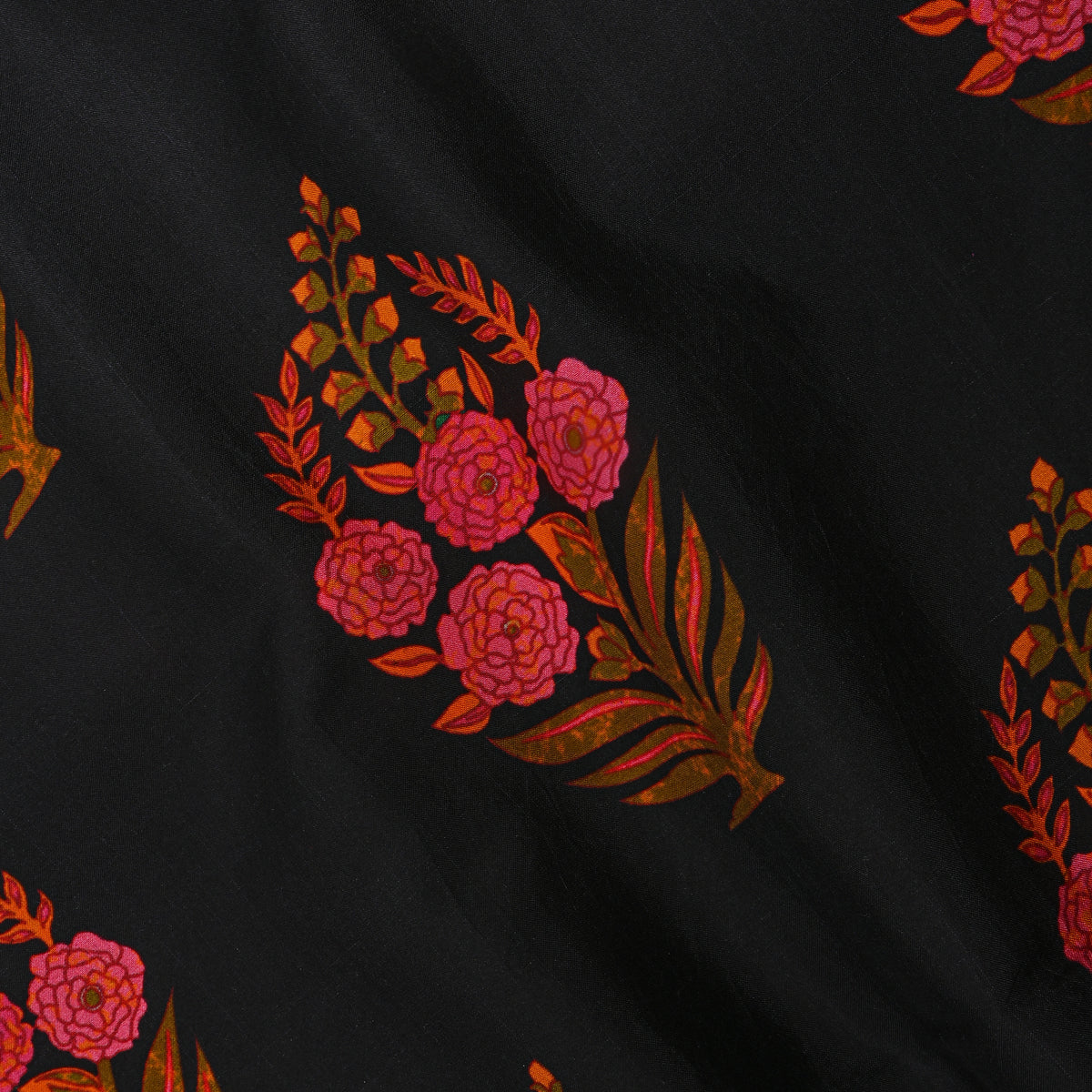 Kohl Black Floral Butti Digital Print Silk Fabric