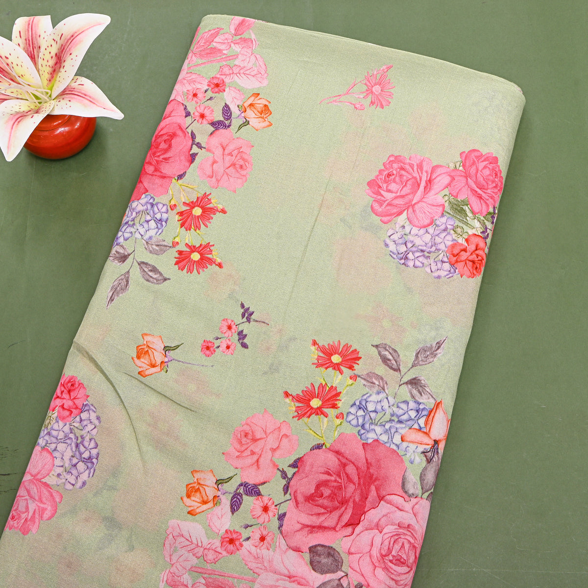 Sage Green Pastel Floral Bouquet Printed Silk Fabric