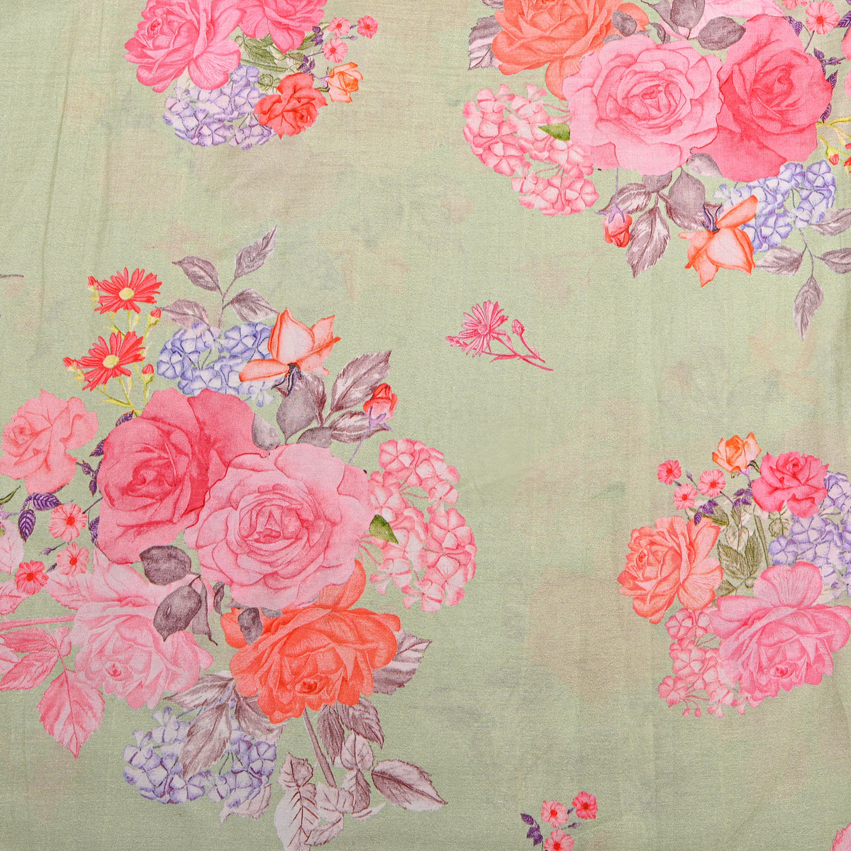 Sage Green Pastel Floral Bouquet Printed Silk Fabric