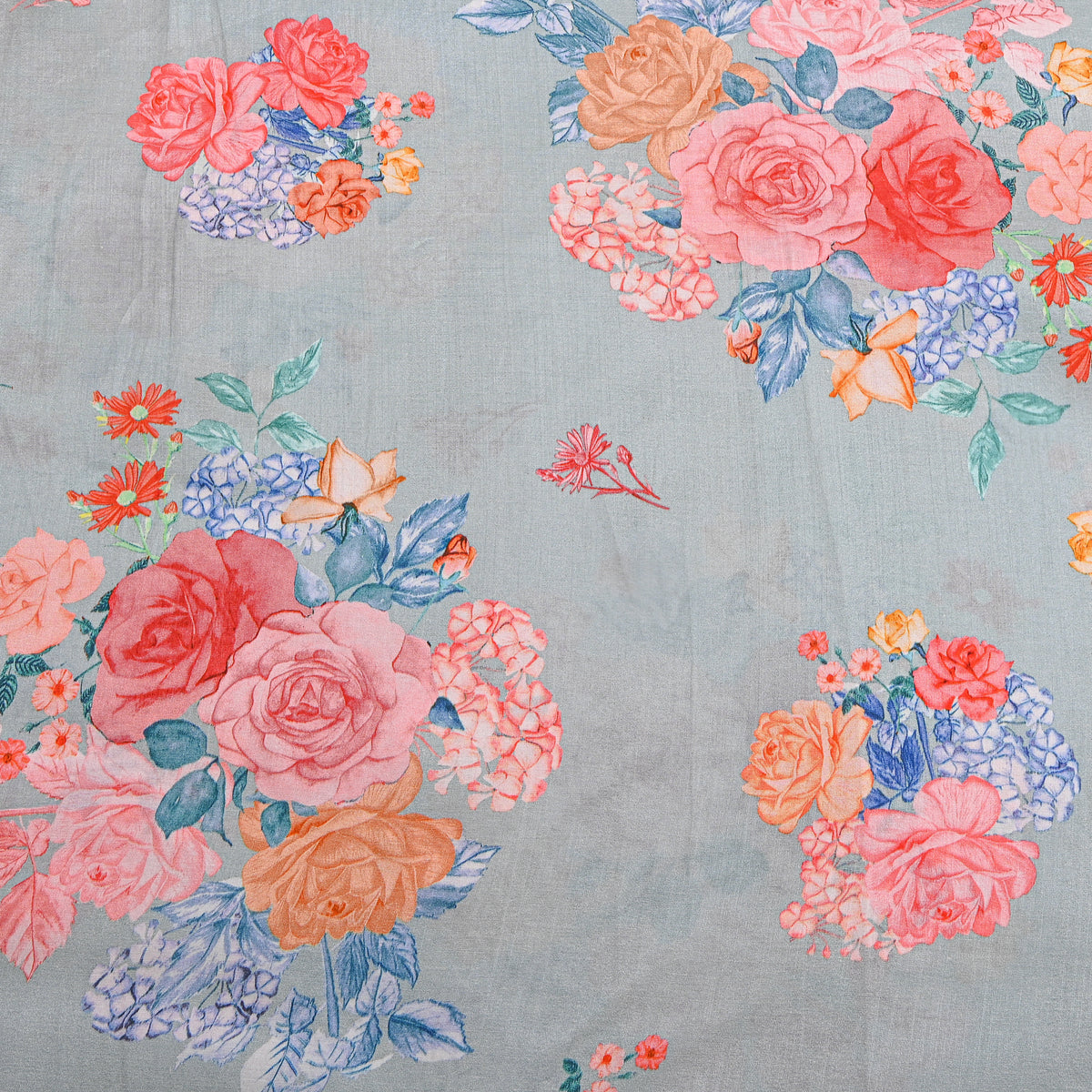 Steel Blue Floral Bouquet Printed Silk Fabric
