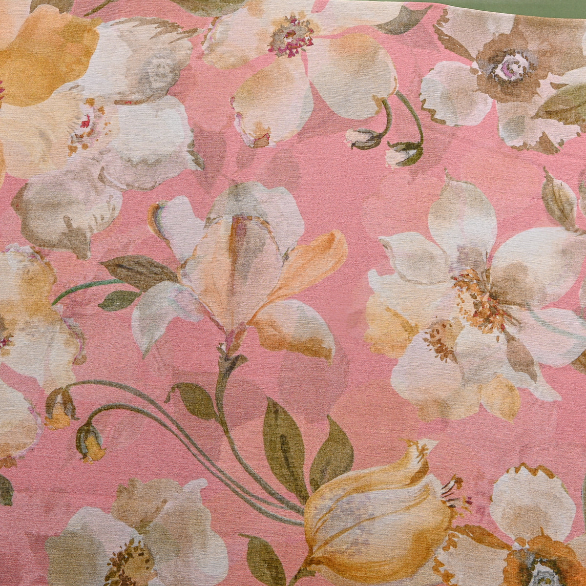 Coral Chiffon With Large Cream Floral Print