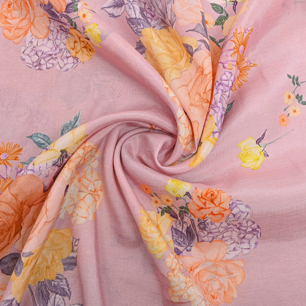 Blush Pink Rose Garden Printed Silk Fabric